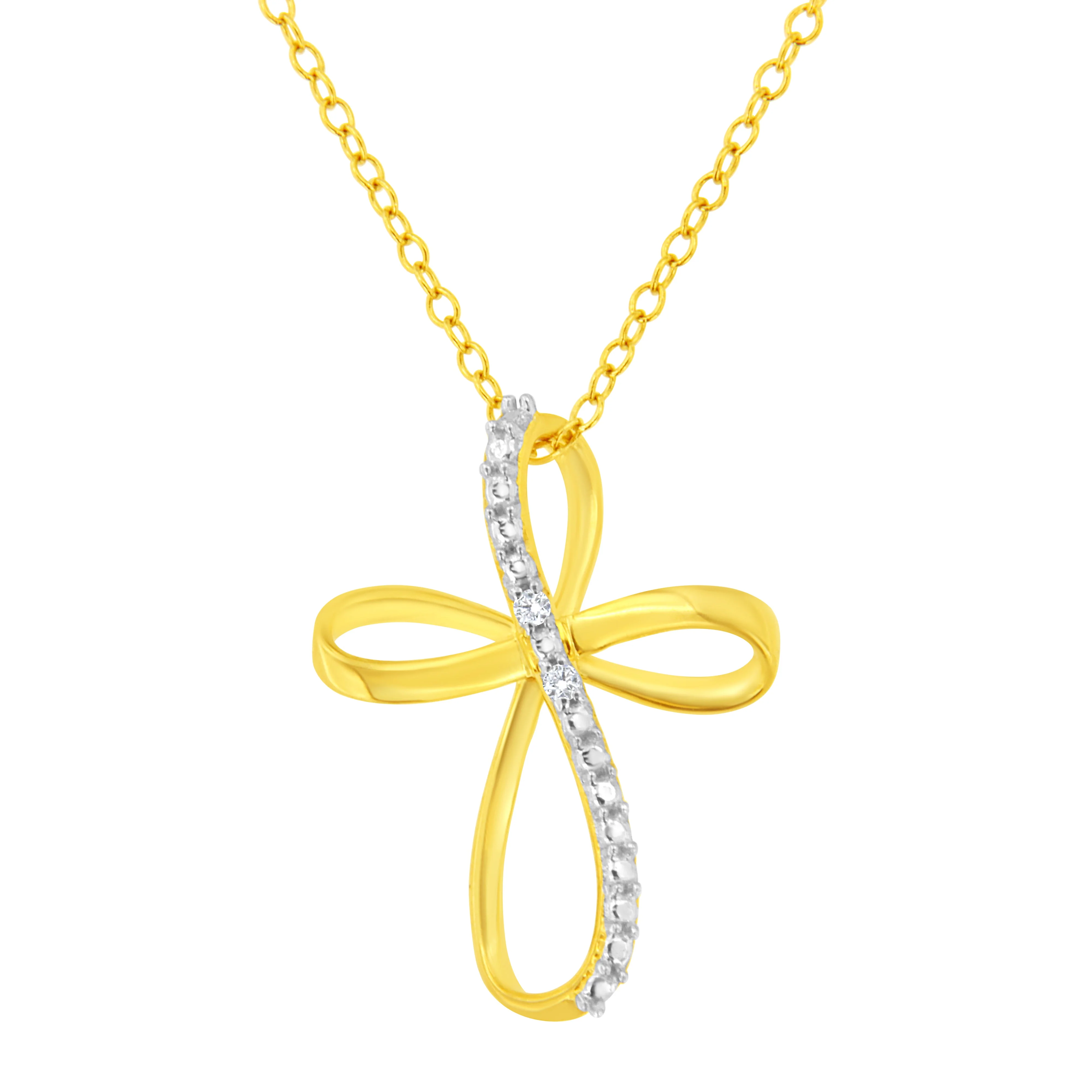 10K Yellow Gold Plated .925 Sterling Silver Diamond Accent Cross Ribbon 18" Pendant Necklace (I-J Color, I2-I3 Clarity) - Image 2