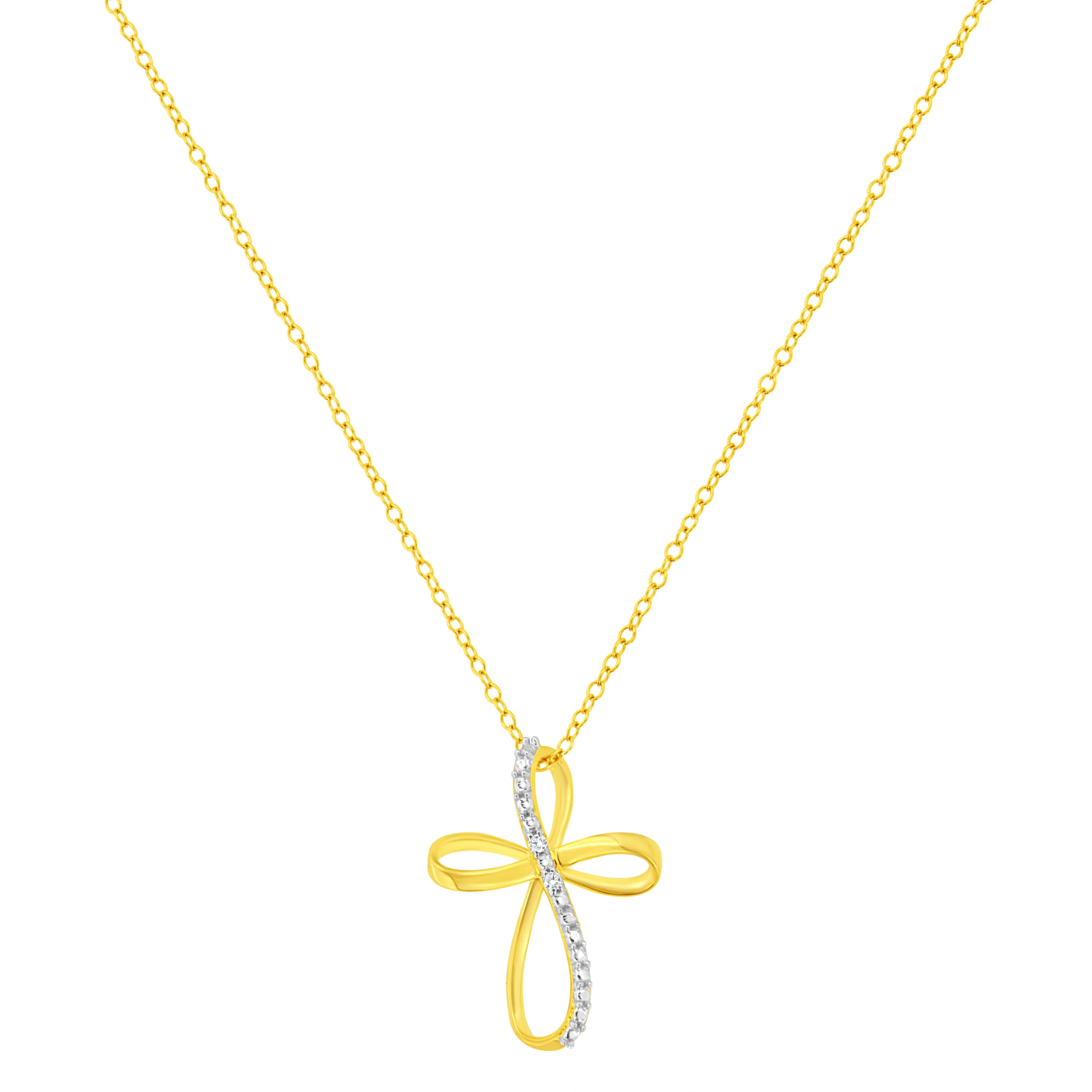 10K Yellow Gold Plated .925 Sterling Silver Diamond Accent Cross Ribbon 18" Pendant Necklace (I-J Color, I2-I3 Clarity) - Image 3