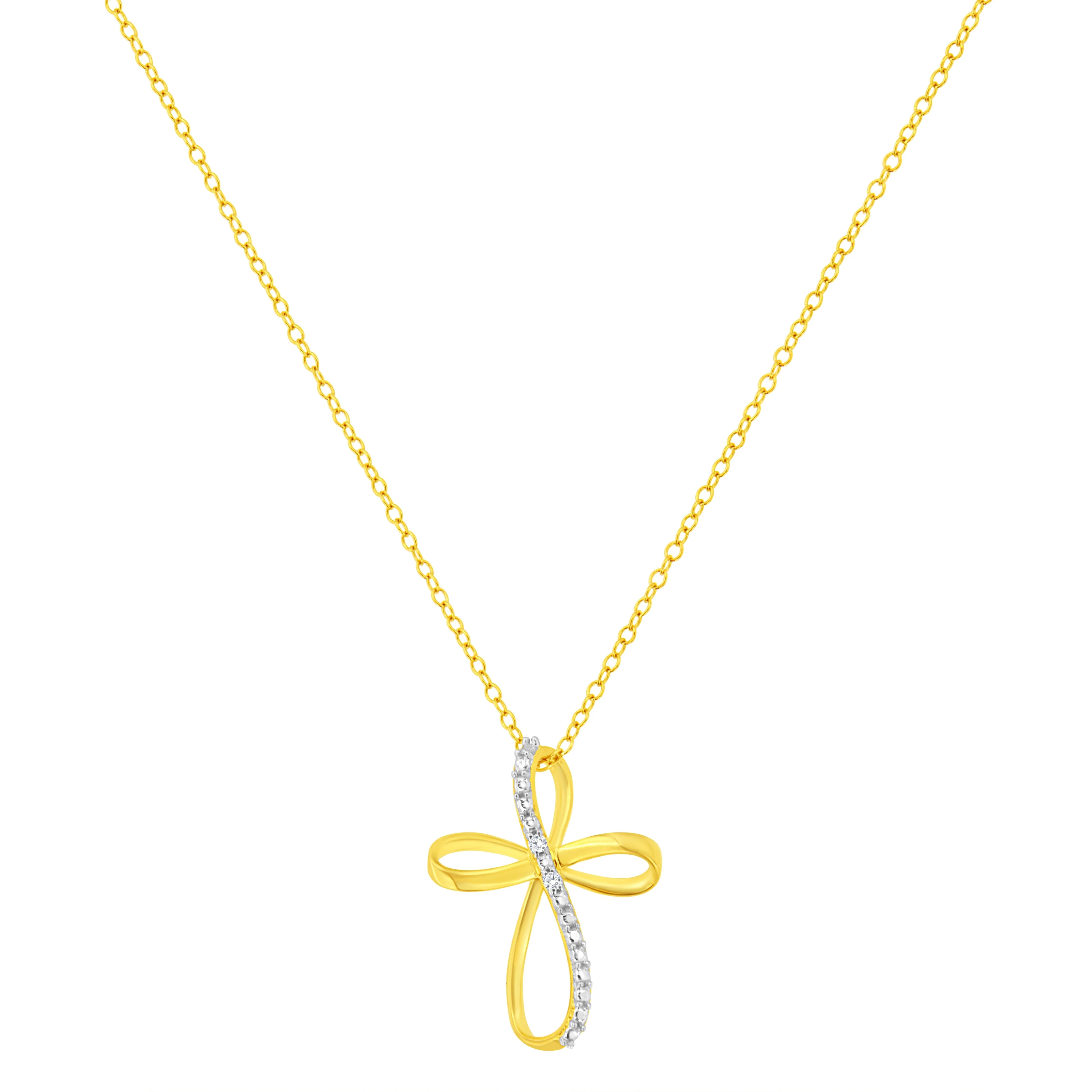 10K Yellow Gold Plated .925 Sterling Silver Diamond Accent Cross Ribbon 18" Pendant Necklace (I-J Color, I2-I3 Clarity) - Image 7