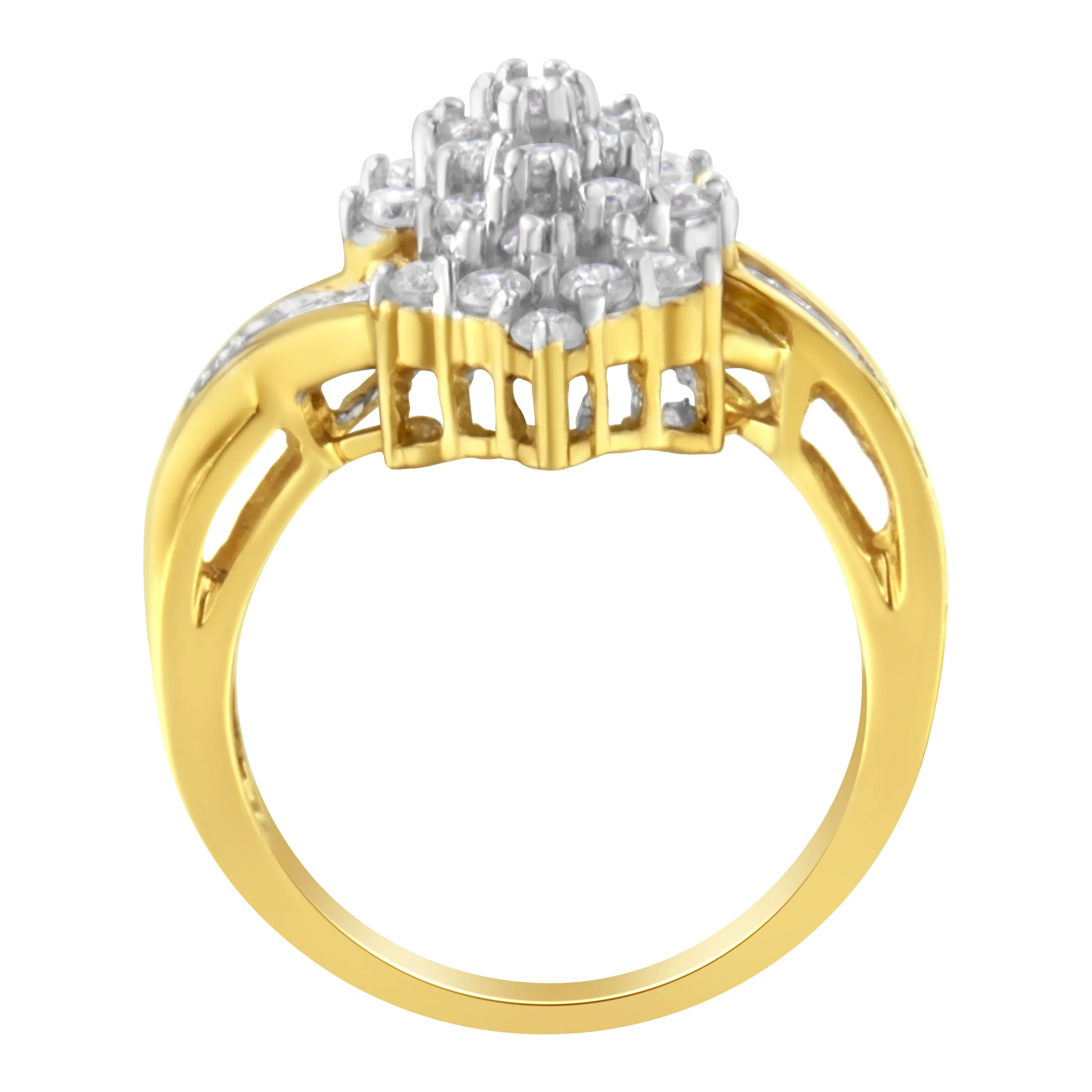 10K Yellow Gold Round And Baguette Cut Diamond Cluster Ring (1 1/10 Cttw, H-I Color, SI2-I1 Clarity) - Size 7 - Image 2