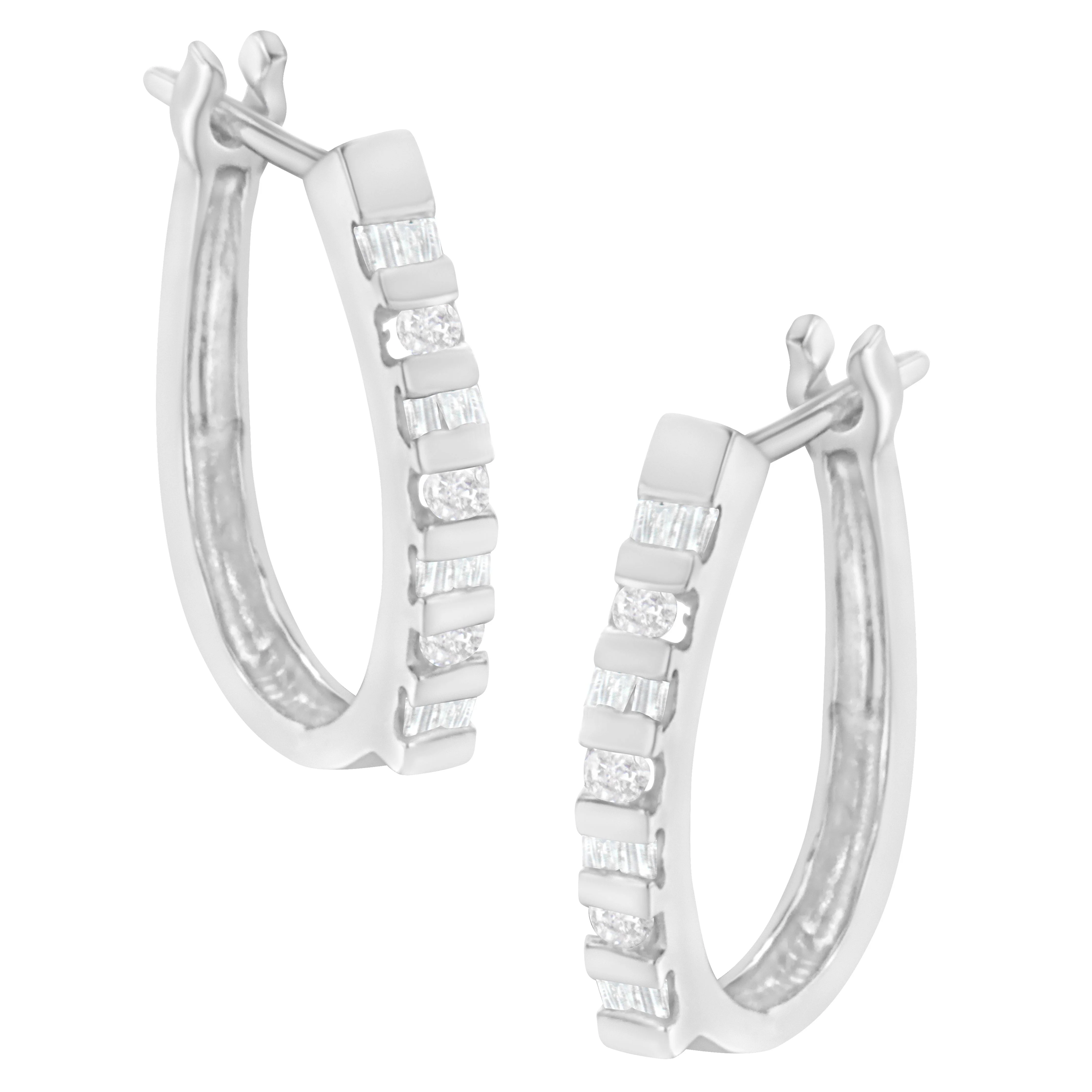 10K Yellow Gold Round and Baguette Cut Diamond Oblong Hinged Leverback Hoop Earrings (Â¼ Cttw, I-J Color, I2-I3 Clarity) - Image 11