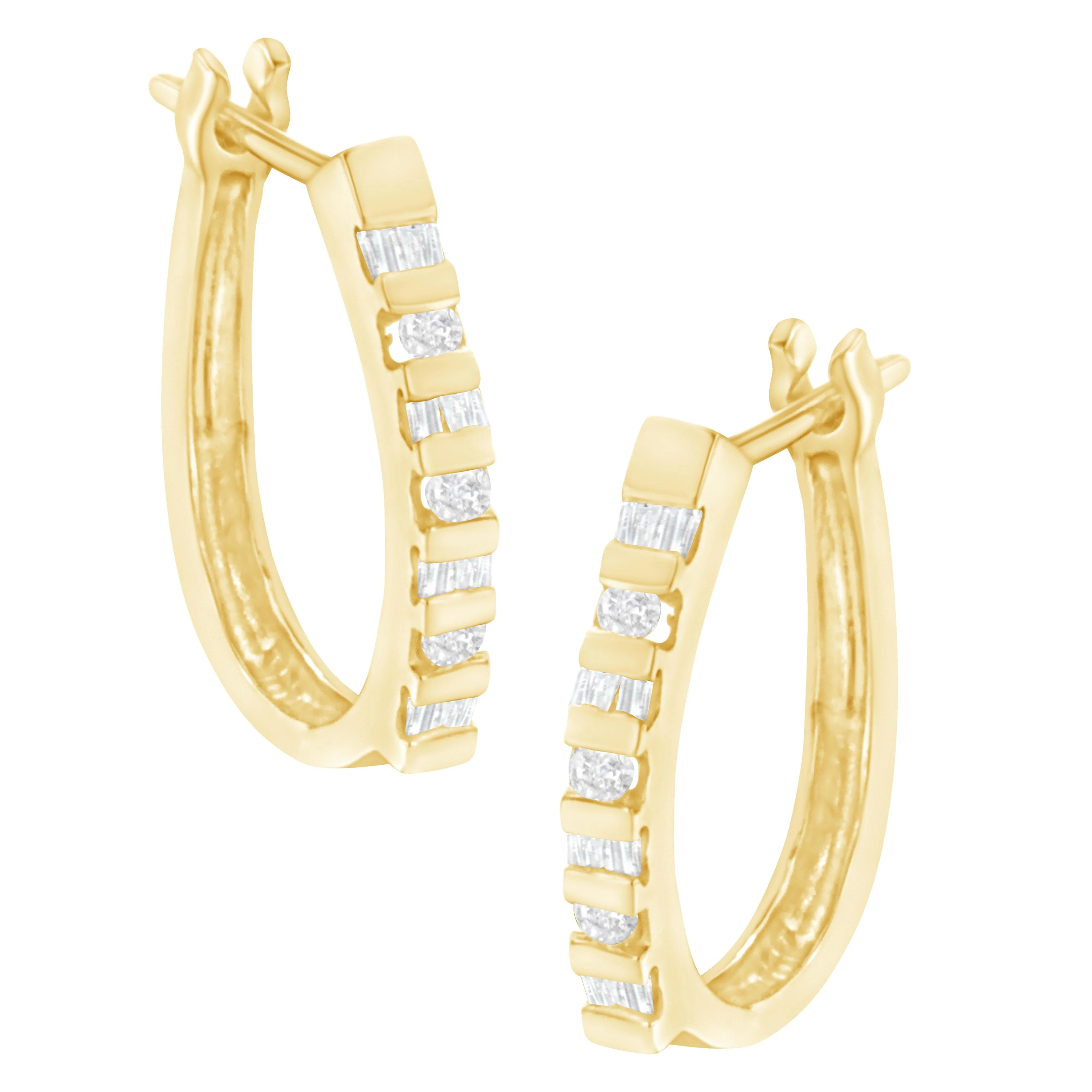 10K Yellow Gold Round and Baguette Cut Diamond Oblong Hinged Leverback Hoop Earrings (Â¼ Cttw, I-J Color, I2-I3 Clarity) - Image 2