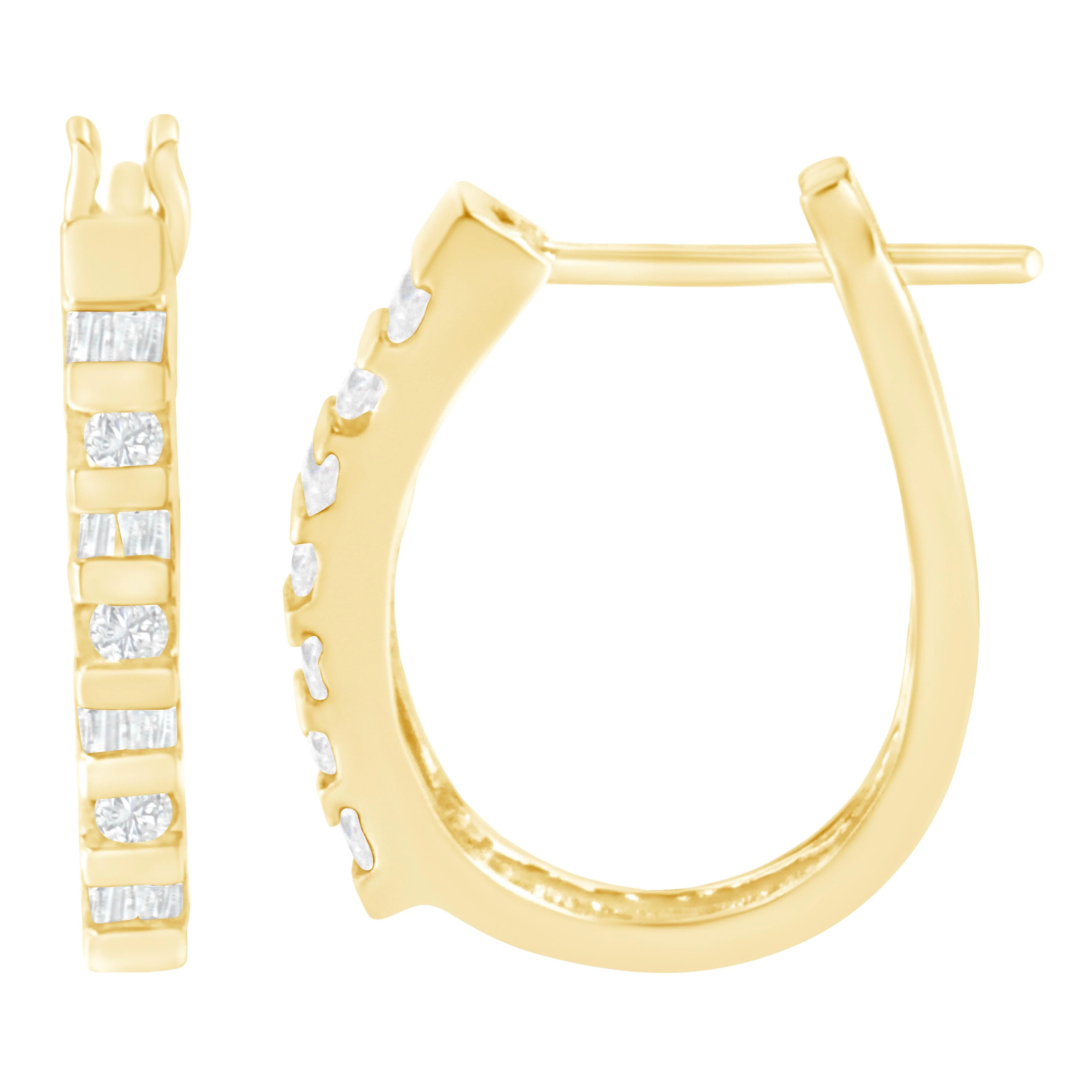 10K Yellow Gold Round and Baguette Cut Diamond Oblong Hinged Leverback Hoop Earrings (Â¼ Cttw, I-J Color, I2-I3 Clarity) - Image 3