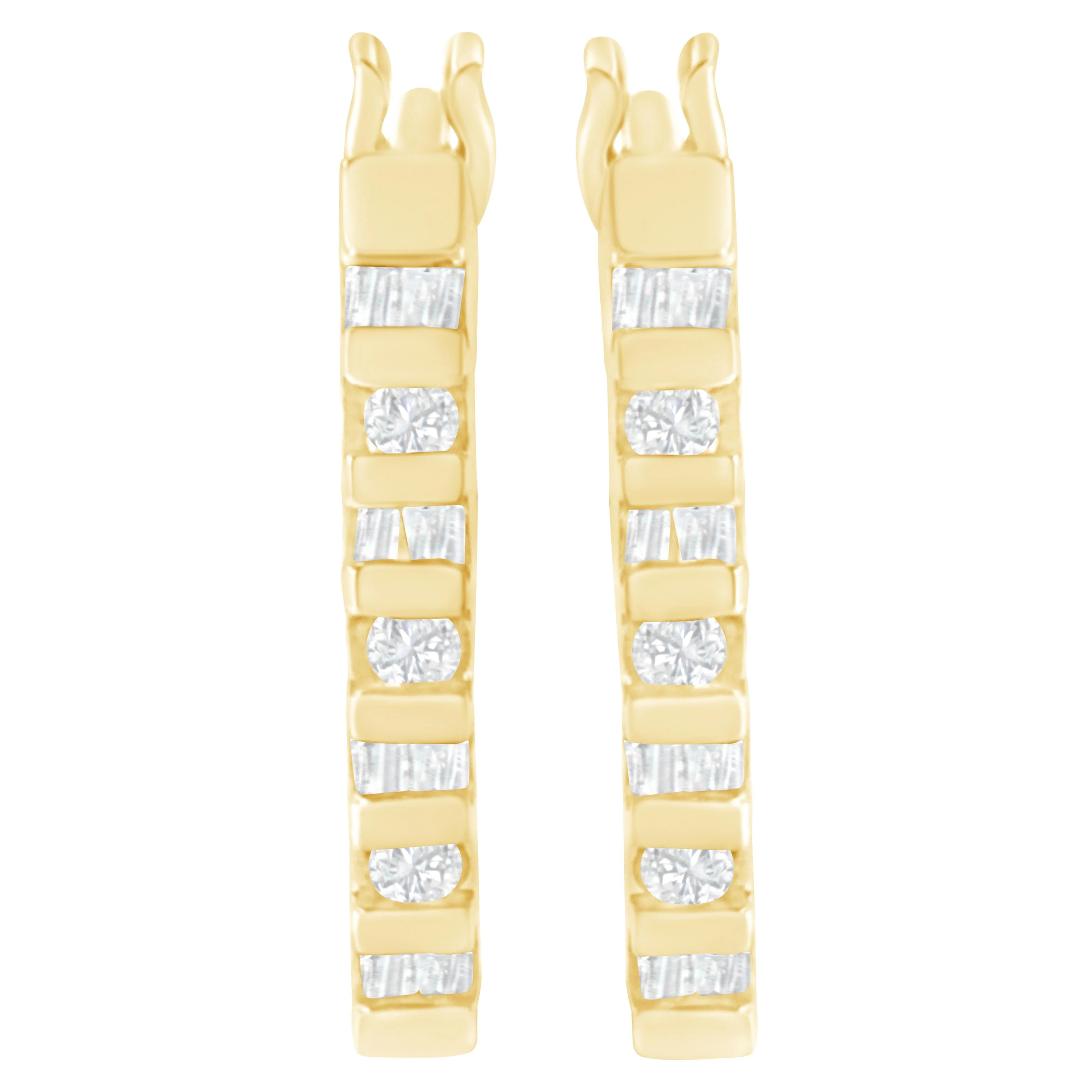 10K Yellow Gold Round and Baguette Cut Diamond Oblong Hinged Leverback Hoop Earrings (Â¼ Cttw, I-J Color, I2-I3 Clarity) - Image 4