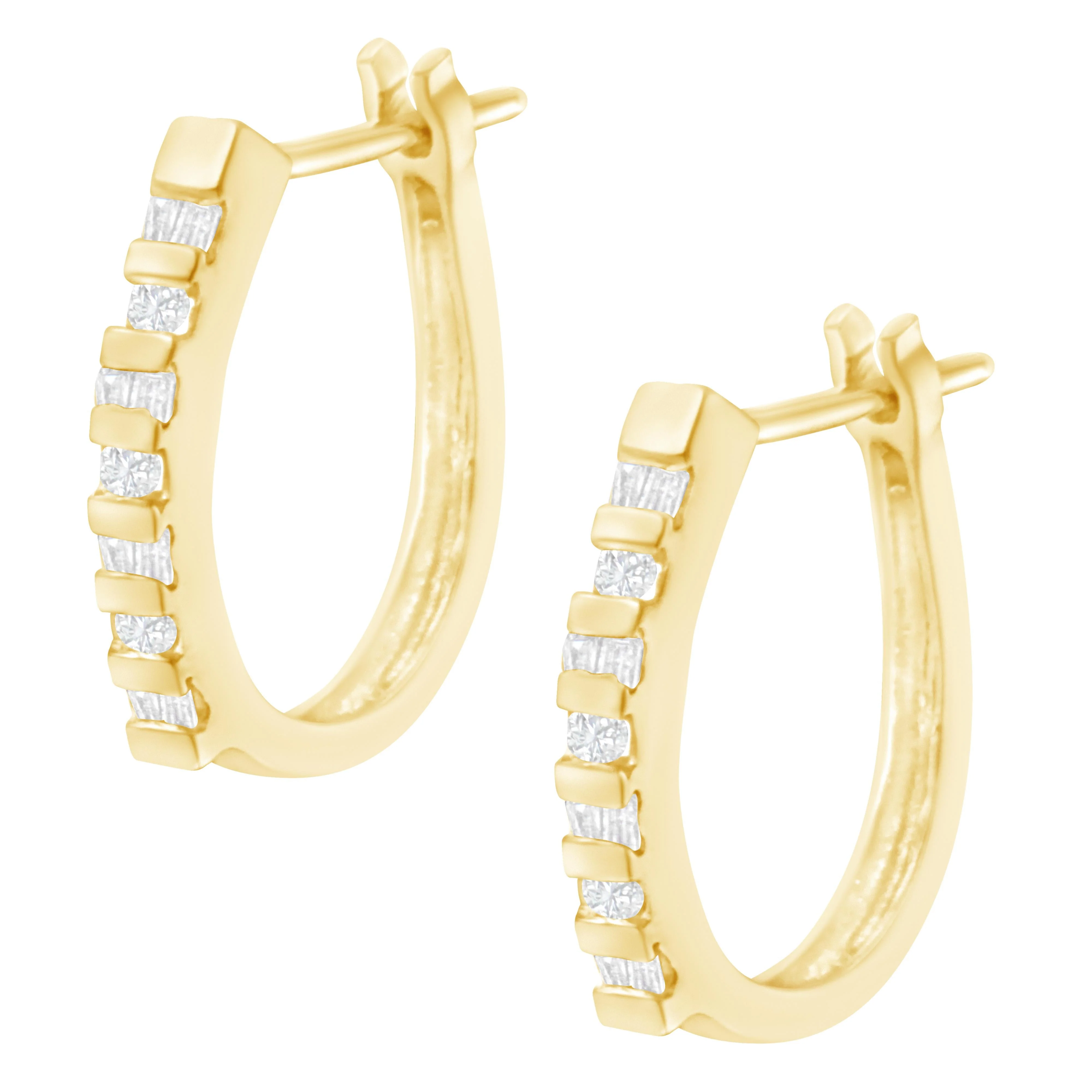 10K Yellow Gold Round and Baguette Cut Diamond Oblong Hinged Leverback Hoop Earrings (Â¼ Cttw, I-J Color, I2-I3 Clarity) - Image 5