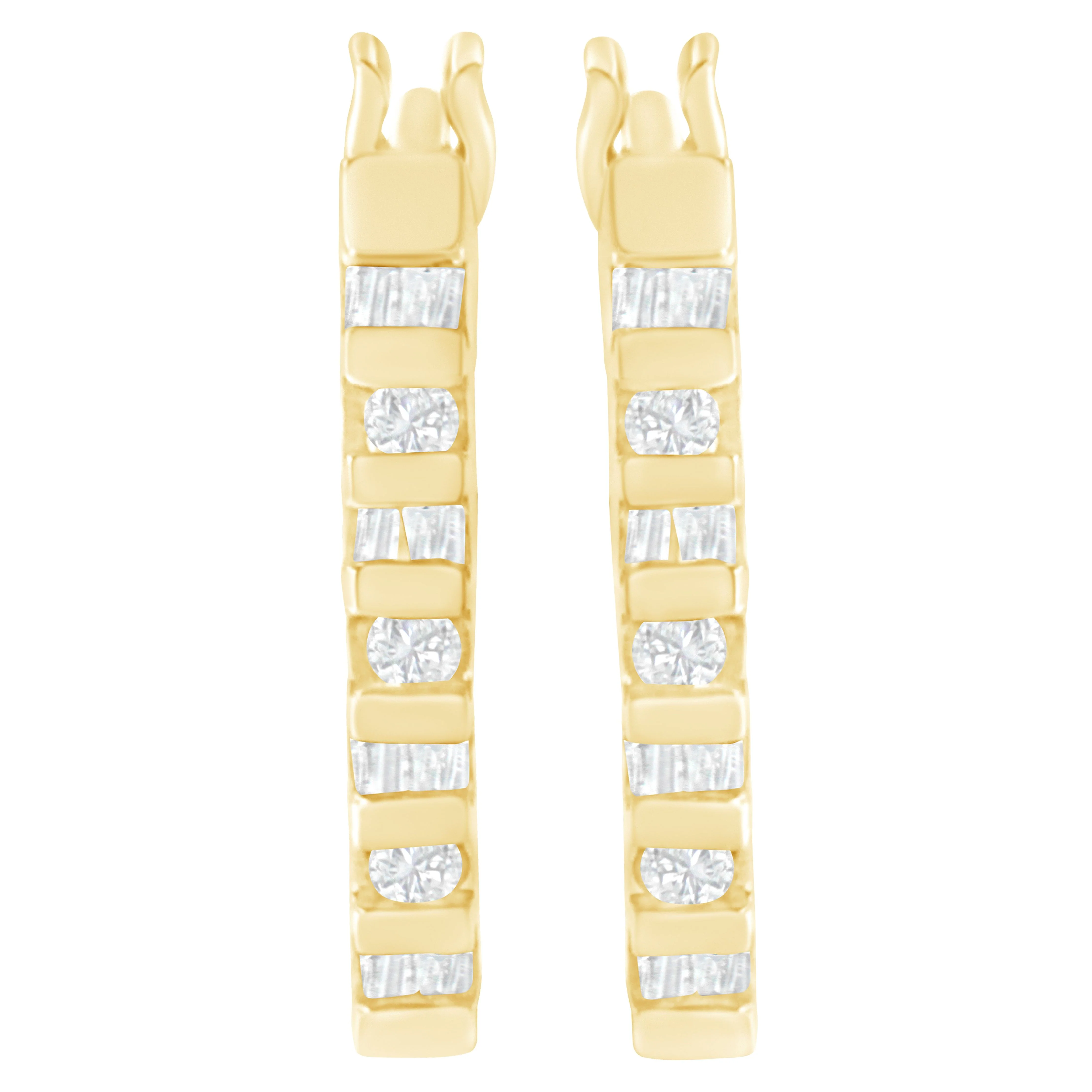 10K Yellow Gold Round and Baguette Cut Diamond Oblong Hinged Leverback Hoop Earrings (Â¼ Cttw, I-J Color, I2-I3 Clarity) - Image 9