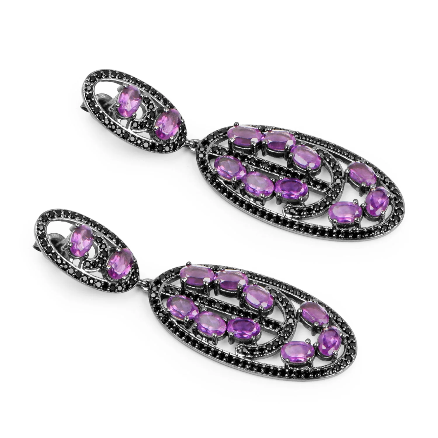12.45 Carat Genuine Amethyst and Black Spinel .925 Sterling Silver Earrings - Image 3