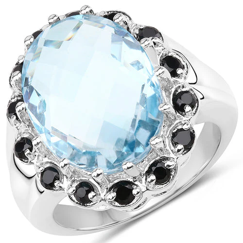 12.49 Carat Genuine Blue Topaz & Black Spinel .925 Sterling Silver Ring - Image 4