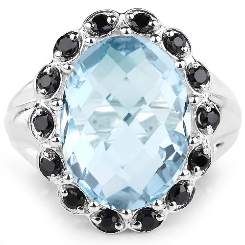 12.49 Carat Genuine Blue Topaz & Black Spinel .925 Sterling Silver Ring - Image 6