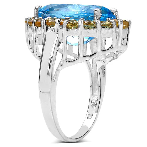 12.73 Carat Genuine Blue Topaz & Citrine .925 Sterling Silver Ring - Image 3