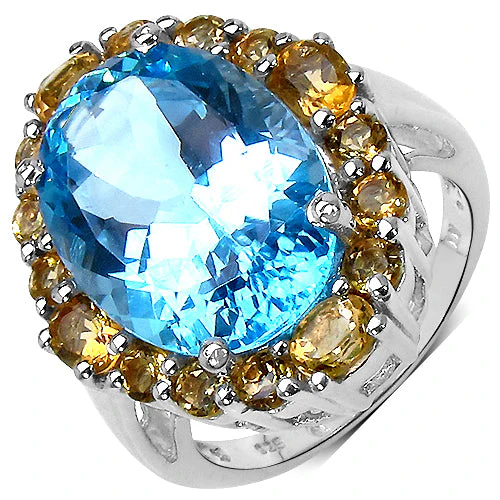 12.73 Carat Genuine Blue Topaz & Citrine .925 Sterling Silver Ring - Image 4
