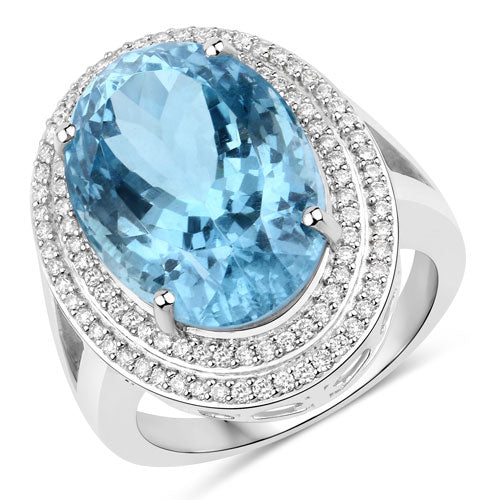 12.89 Carat Genuine Aquamarine and White Diamond 14K White Gold Ring - Image 2