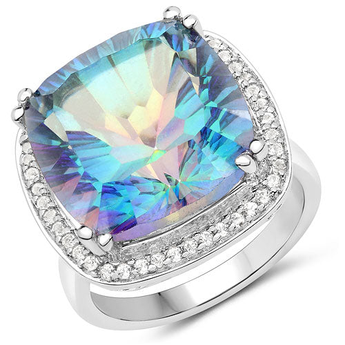 13.33 Carat Genuine Blue Rainbow Quartz and White Topaz .925 Sterling Silver Ring - Image 2