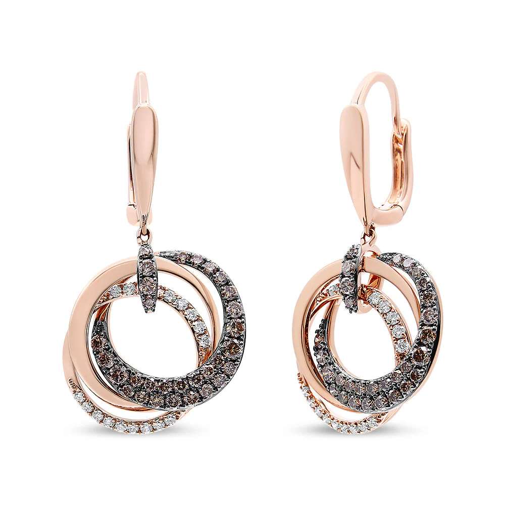 14K Rose Gold 1.00 Cttw White and Brown Diamond Intertwining Hoops and Circle Dangle Earrings (H-I/Brown Color, SI1-SI2 Clarity) - Image 4