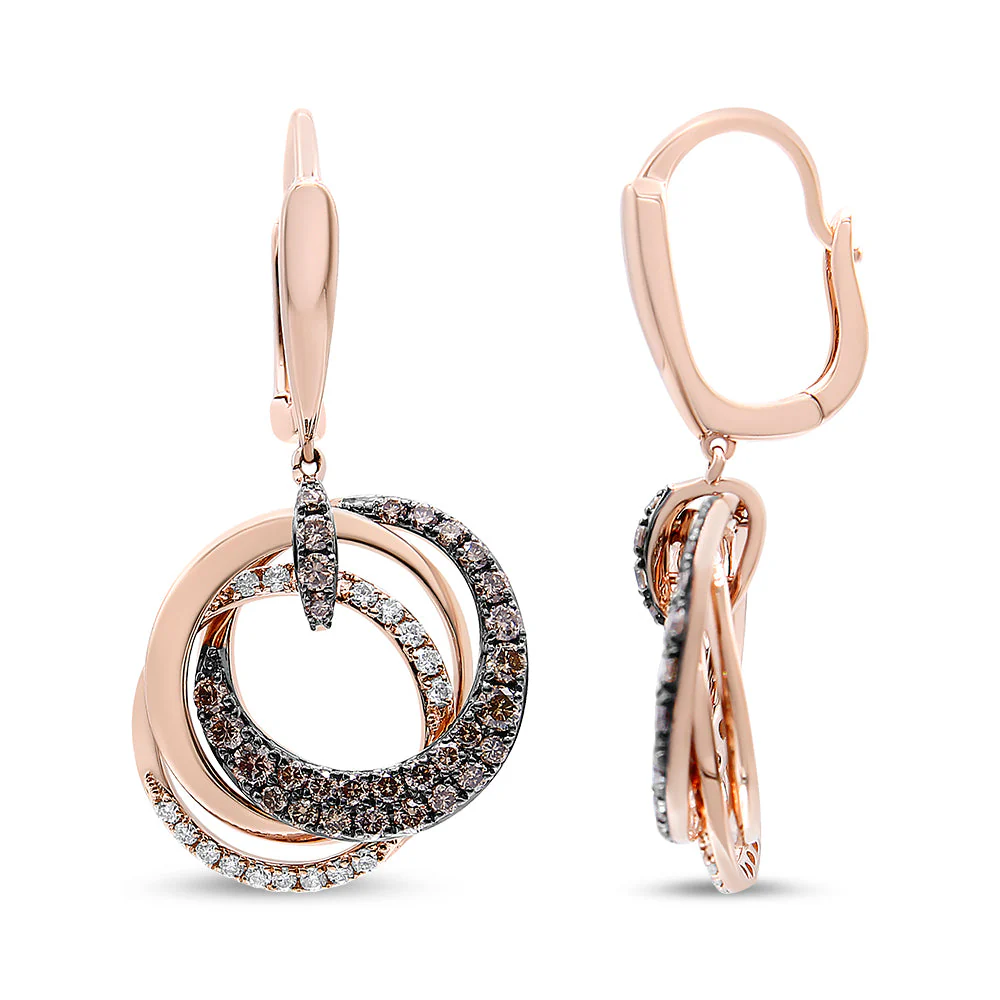 14K Rose Gold 1.00 Cttw White and Brown Diamond Intertwining Hoops and Circle Dangle Earrings (H-I/Brown Color, SI1-SI2 Clarity) - Image 5