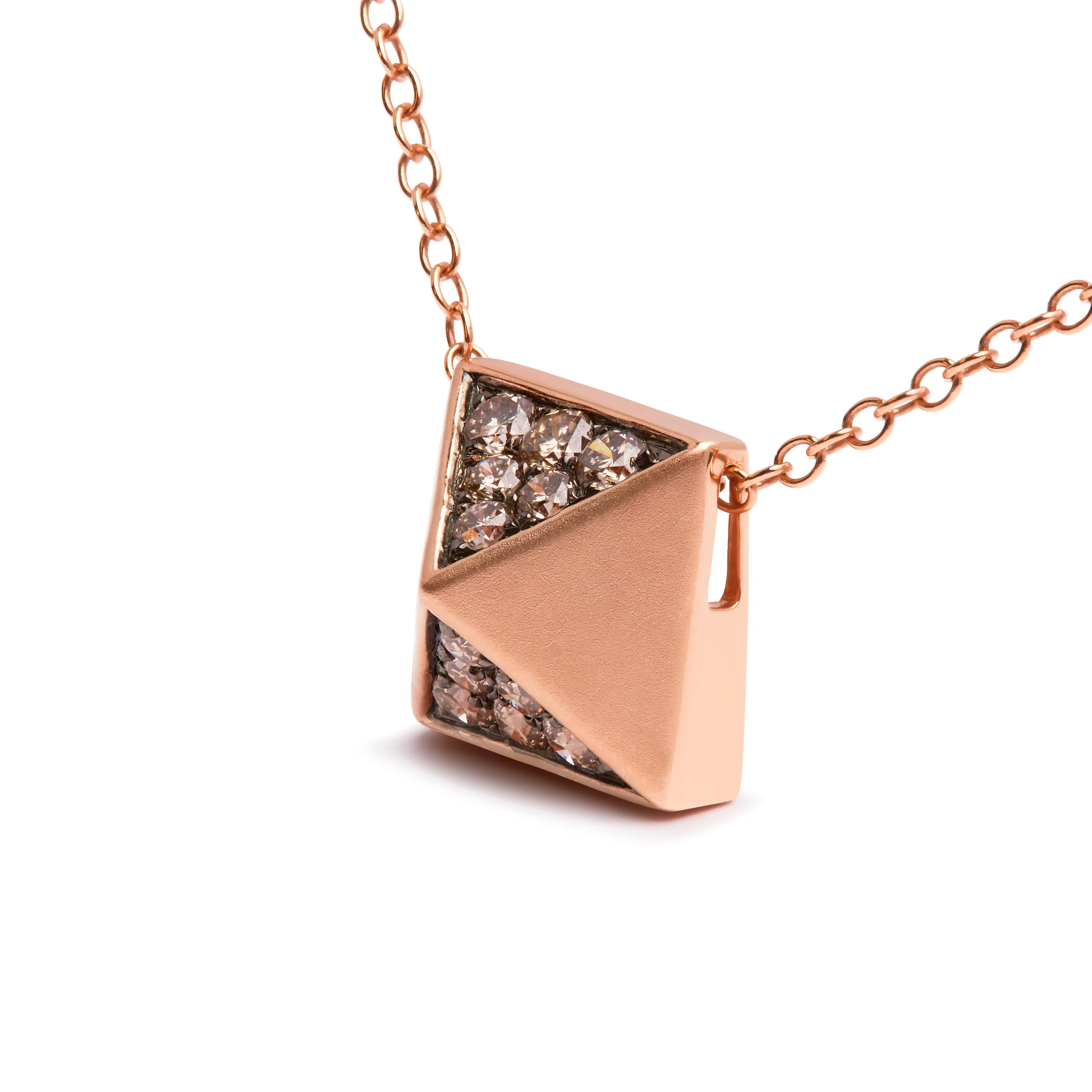 14K Rose Gold 1/4 Cttw Brown Diamond Matte Finished Pyramid Pendant Necklace (Brown Color, SI1-SI2 Clarity) - 18" Inches - Image 3