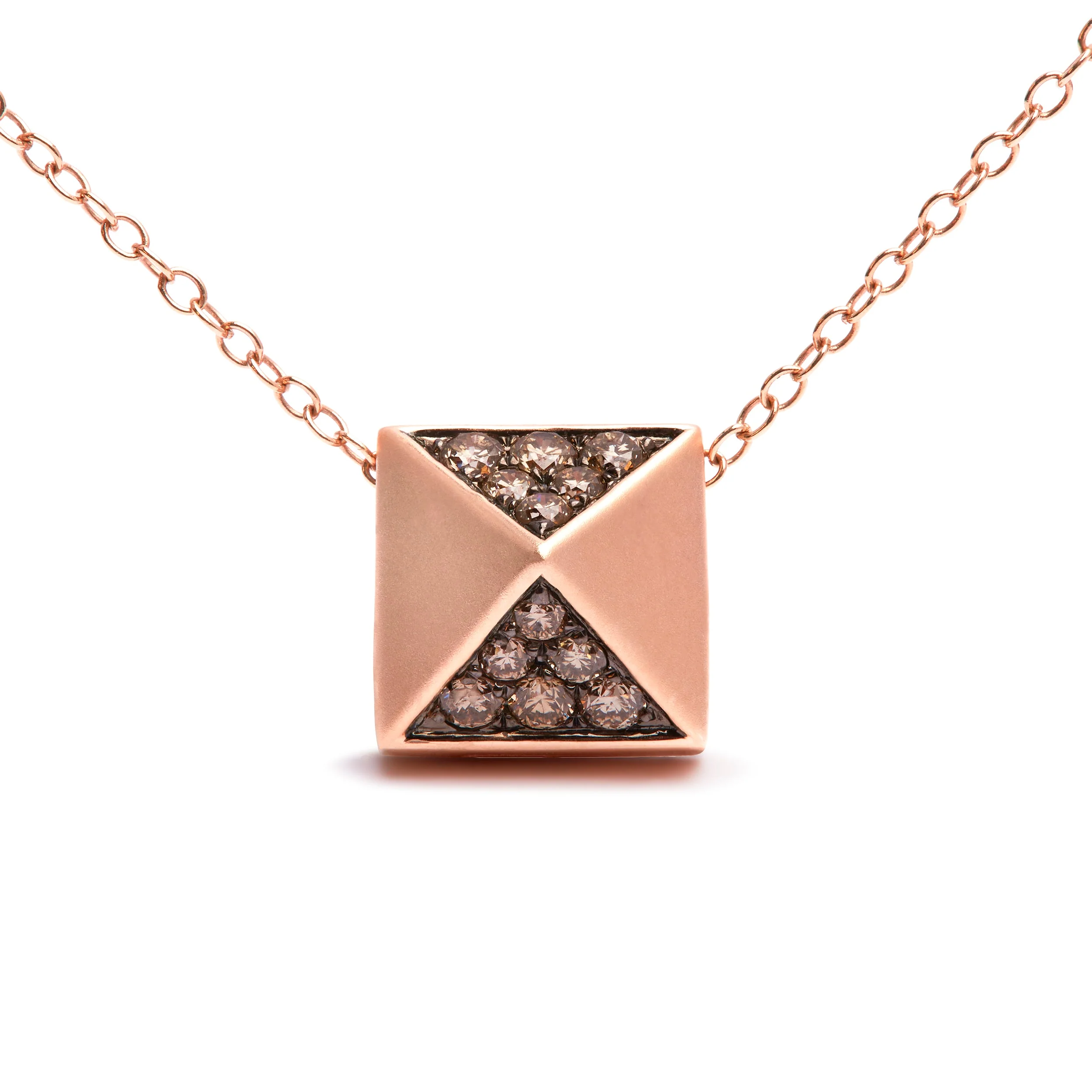 14K Rose Gold 1/4 Cttw Brown Diamond Matte Finished Pyramid Pendant Necklace (Brown Color, SI1-SI2 Clarity) - 18" Inches - Image 5