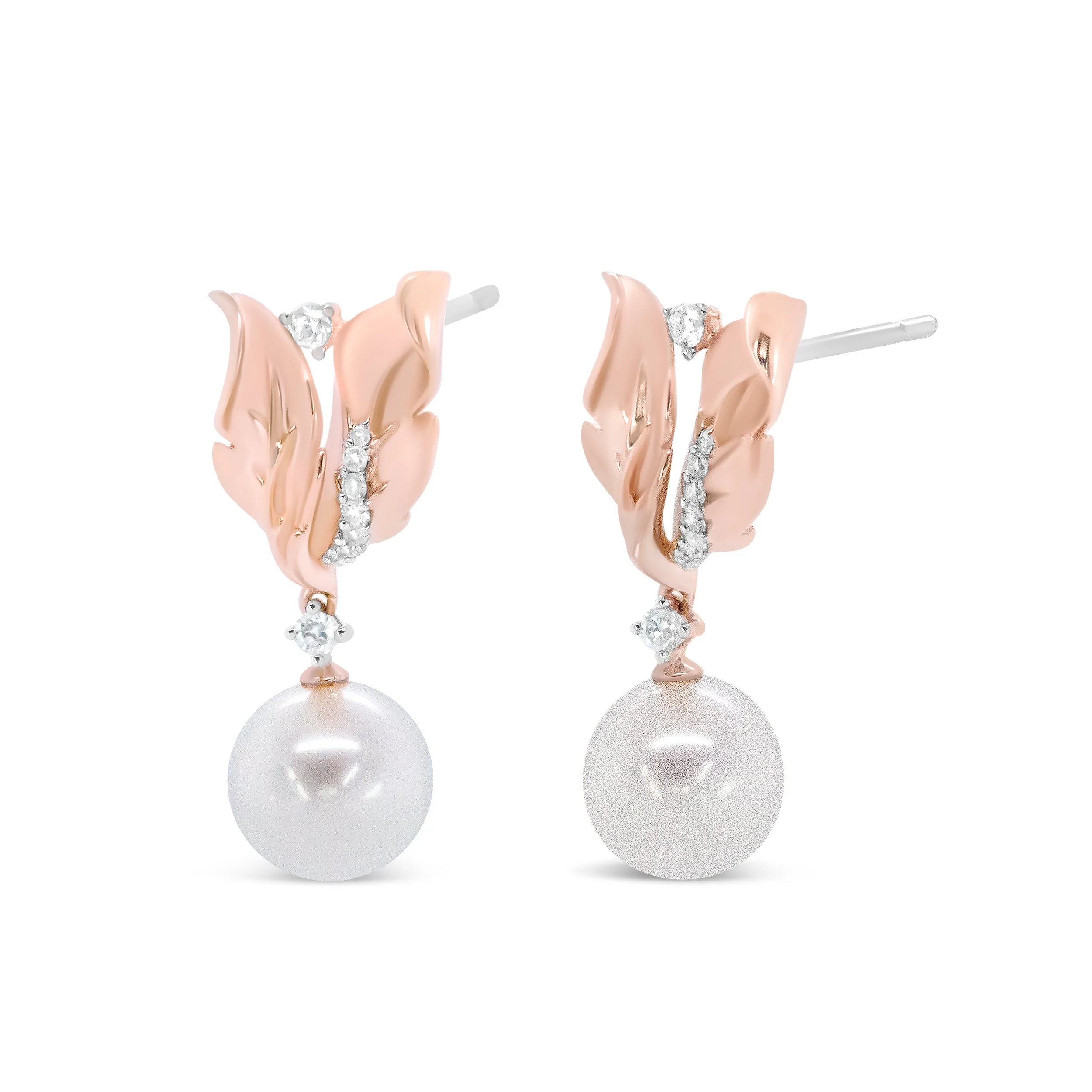 14K Rose Gold 1/6 Cttw Round Diamond and 8mm Round Pearl Floral Drop Stud Earrings (H-I Color, I1-I2 Clarity) - Image 5
