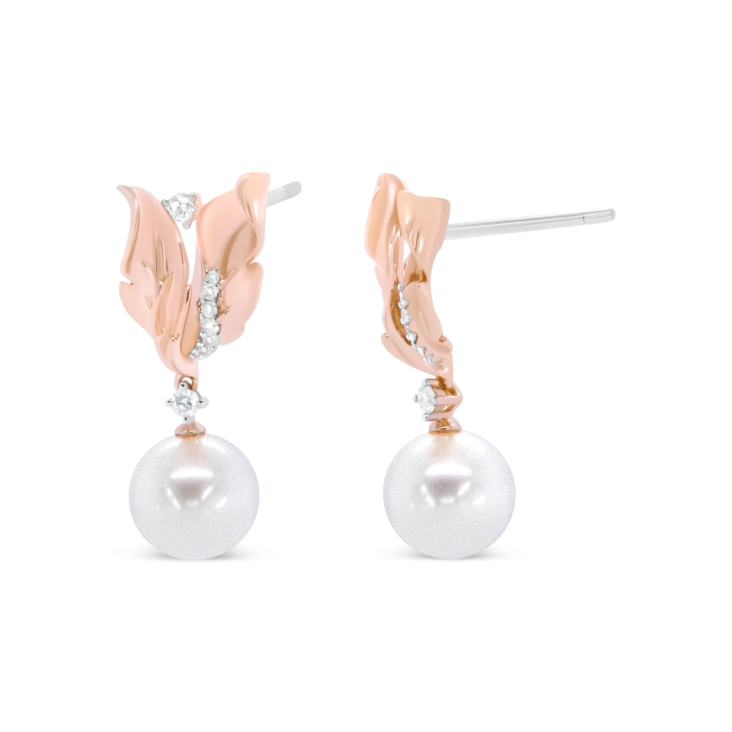 14K Rose Gold 1/6 Cttw Round Diamond and 8mm Round Pearl Floral Drop Stud Earrings (H-I Color, I1-I2 Clarity) - Image 7