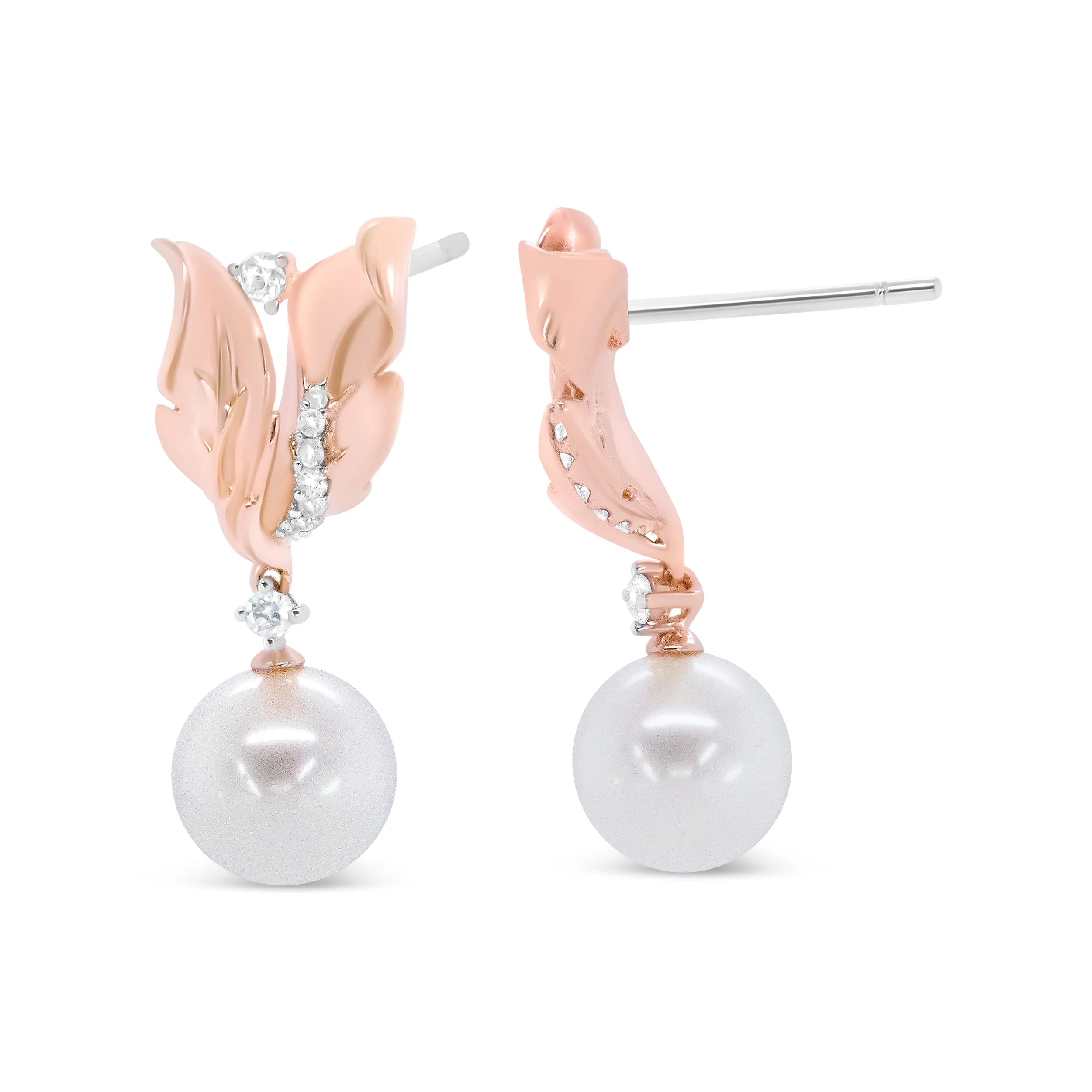 14K Rose Gold 1/6 Cttw Round Diamond and 8mm Round Pearl Floral Drop Stud Earrings (H-I Color, I1-I2 Clarity) - Image 8