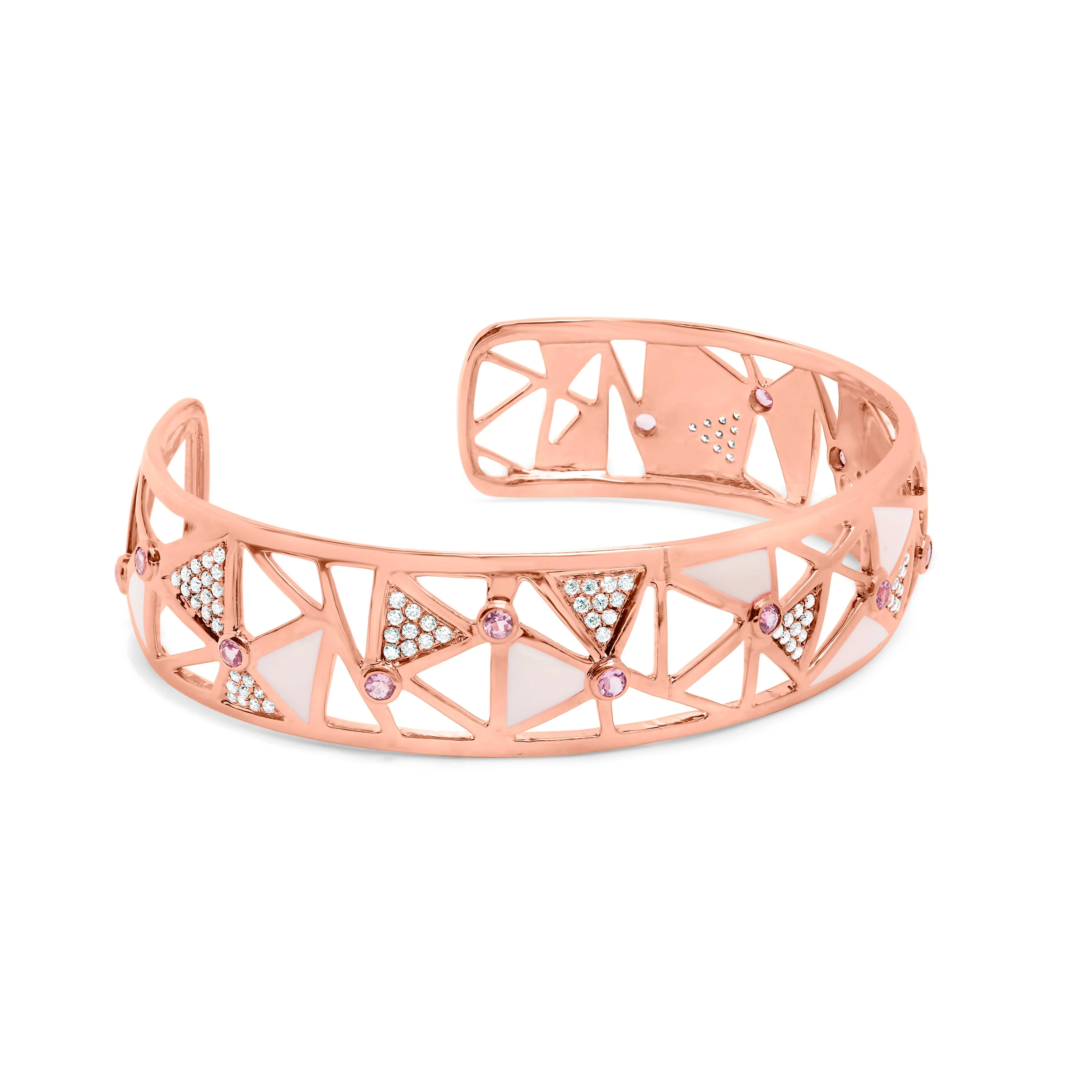 14K Rose Gold 5/8 Cttw Diamond with Pink Tourmaline Open Cuff Bangle with White Enamel (G-H Color, SI1-SI2 Clarity) - 7" - Image 2