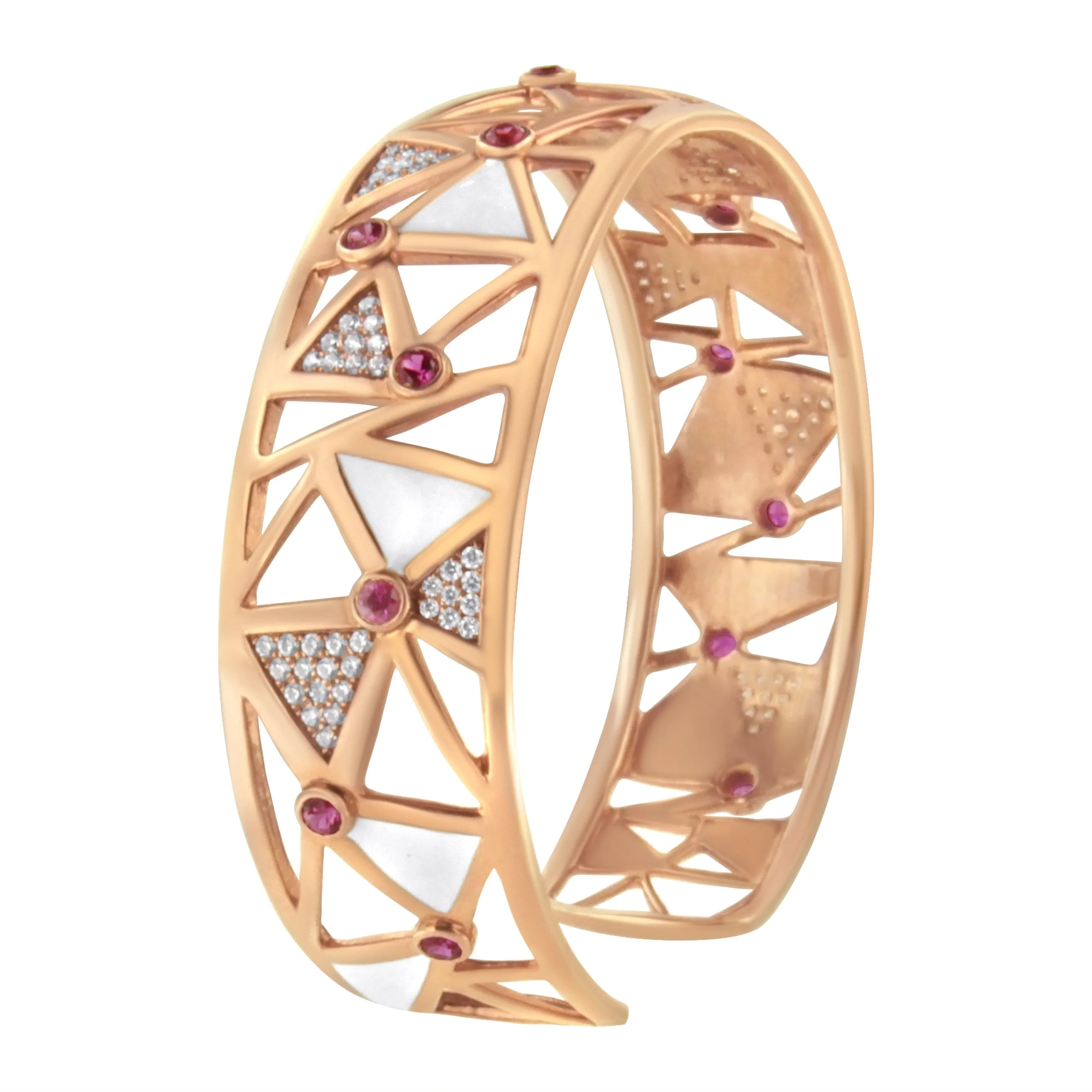 14K Rose Gold 5/8 Cttw Diamond with Pink Tourmaline Open Cuff Bangle with White Enamel (G-H Color, SI1-SI2 Clarity) - 7" - Image 8