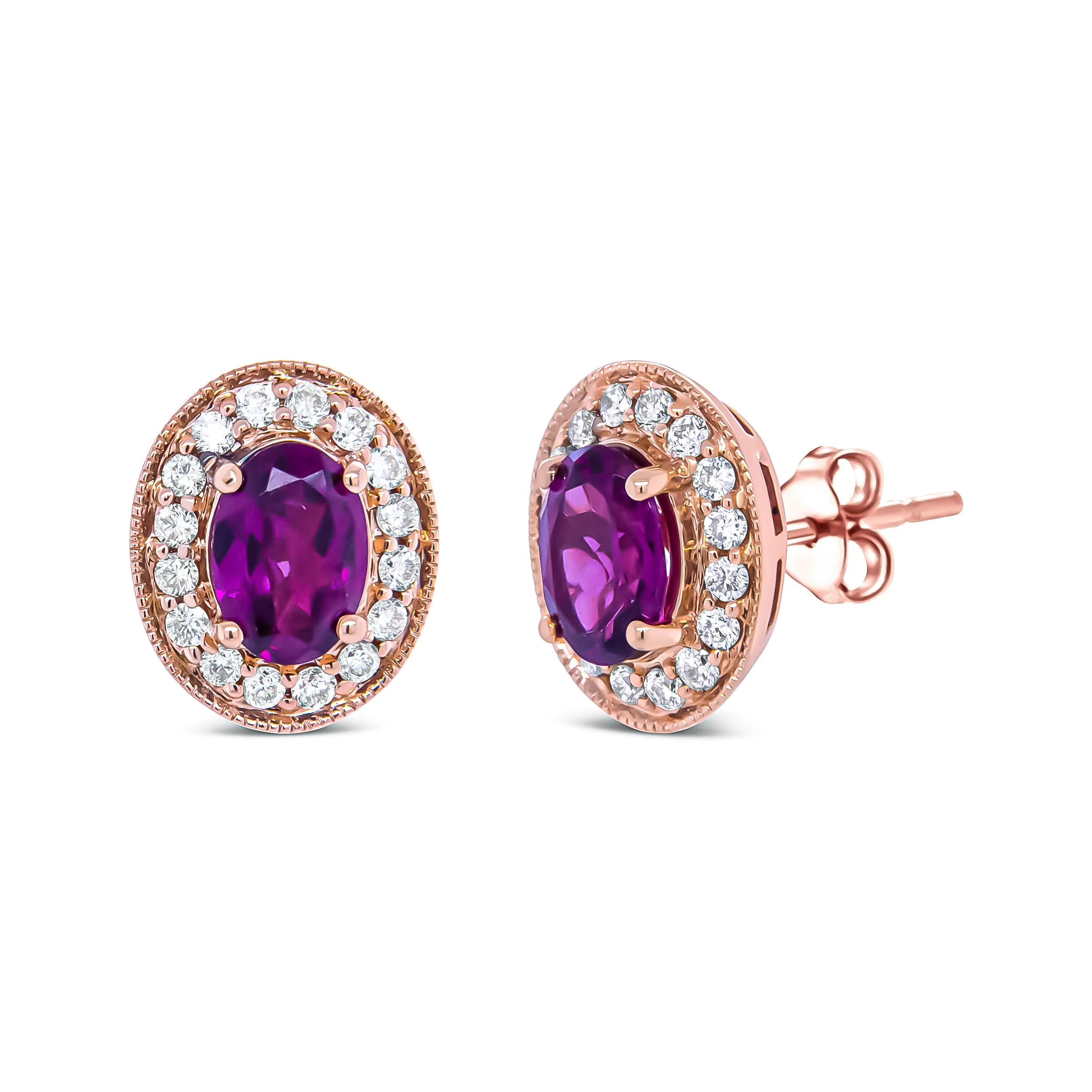 14K Rose Gold 7x5mm Oval Cut Garnet and 3/8 Cttw Round Diamond Halo Stud Earrings (G-H Color, SI1-SI2 Clarity) - Image 3