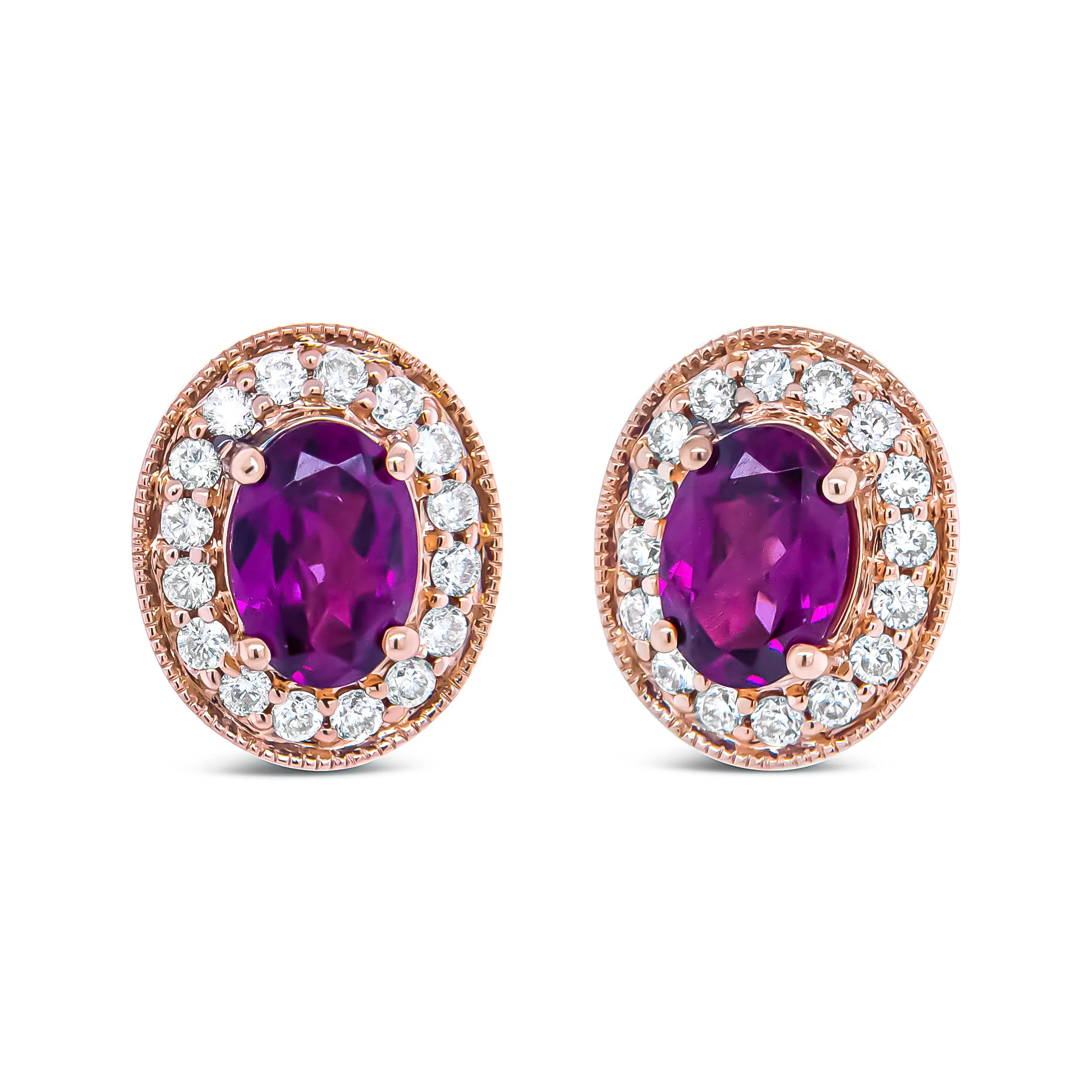 14K Rose Gold 7x5mm Oval Cut Garnet and 3/8 Cttw Round Diamond Halo Stud Earrings (G-H Color, SI1-SI2 Clarity) - Image 5