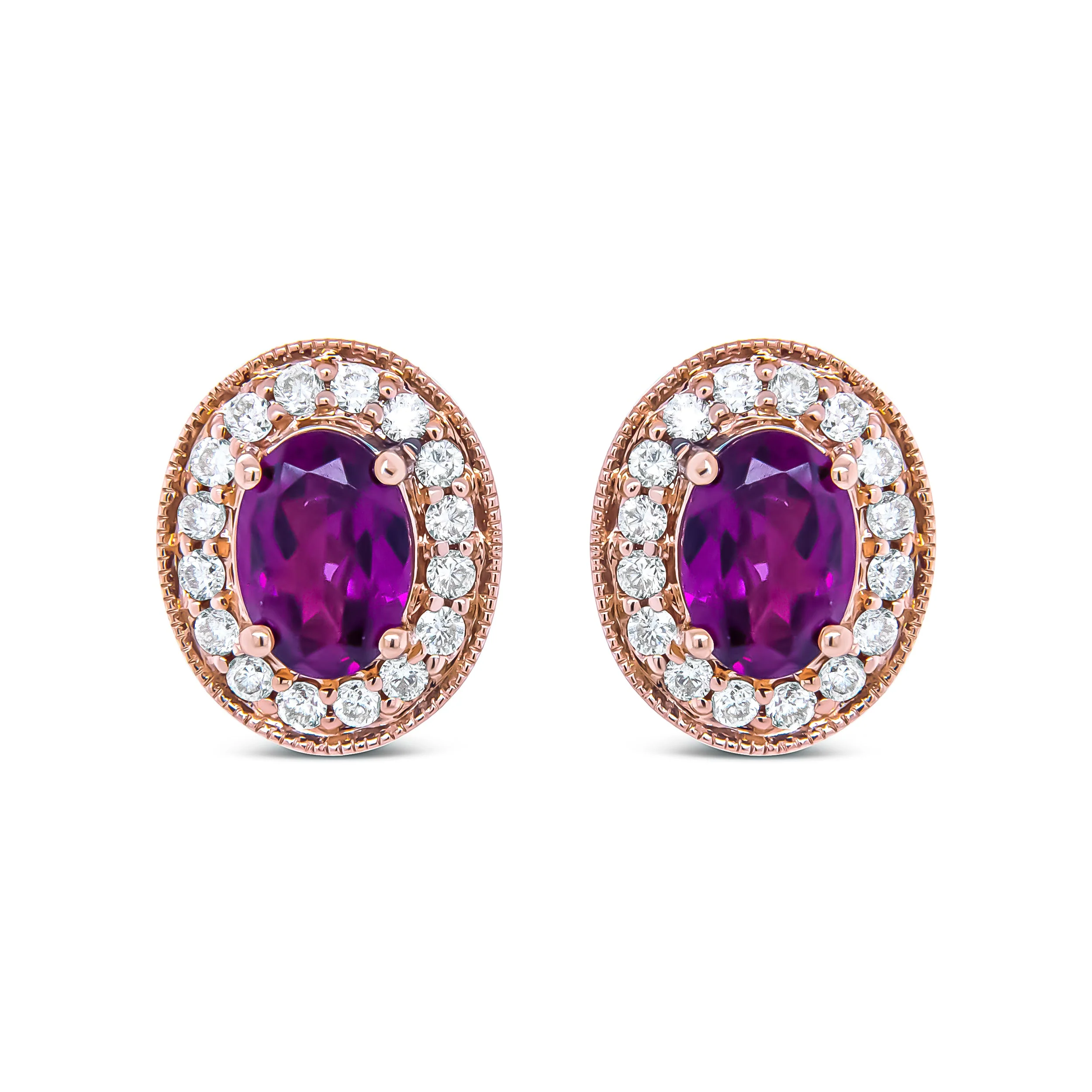 14K Rose Gold 7x5mm Oval Cut Garnet and 3/8 Cttw Round Diamond Halo Stud Earrings (G-H Color, SI1-SI2 Clarity) - Image 6