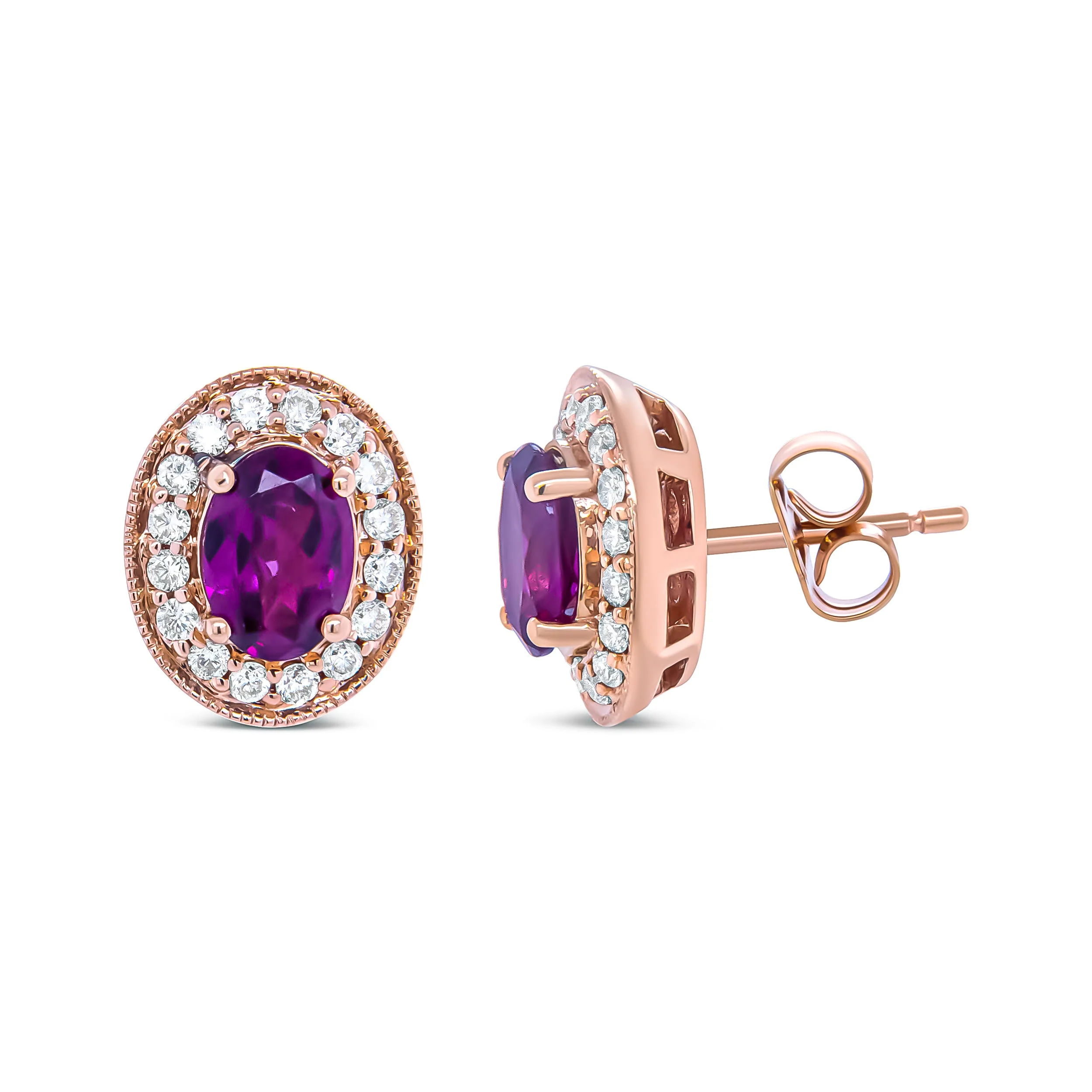 14K Rose Gold 7x5mm Oval Cut Garnet and 3/8 Cttw Round Diamond Halo Stud Earrings (G-H Color, SI1-SI2 Clarity) - Image 8