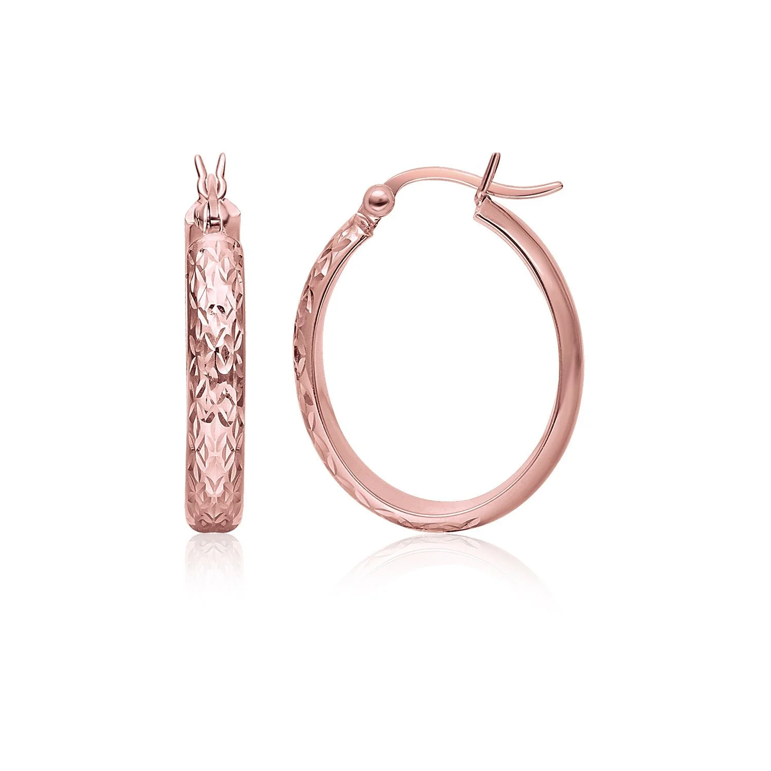 14k Rose Gold Hammered Oval Hoop Earrings - Image 2