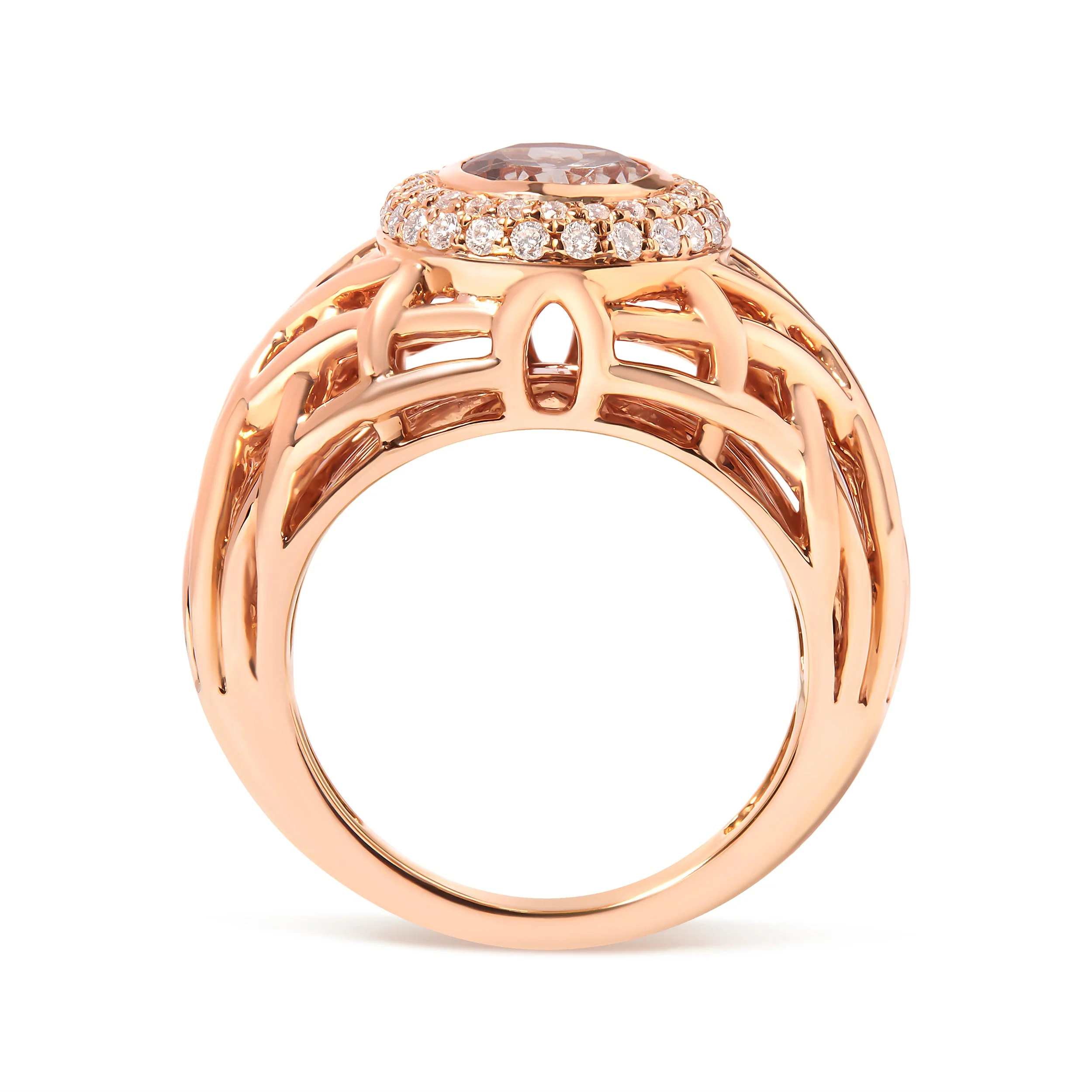 14K Rose Gold Oval Cut Light Pink Morganite and 3/8 Cttw Diamonds Halo and Basket Weave Cocktail Ring (G-H Color, SI1-SI2 Clarity) - Size 7 - Image 2
