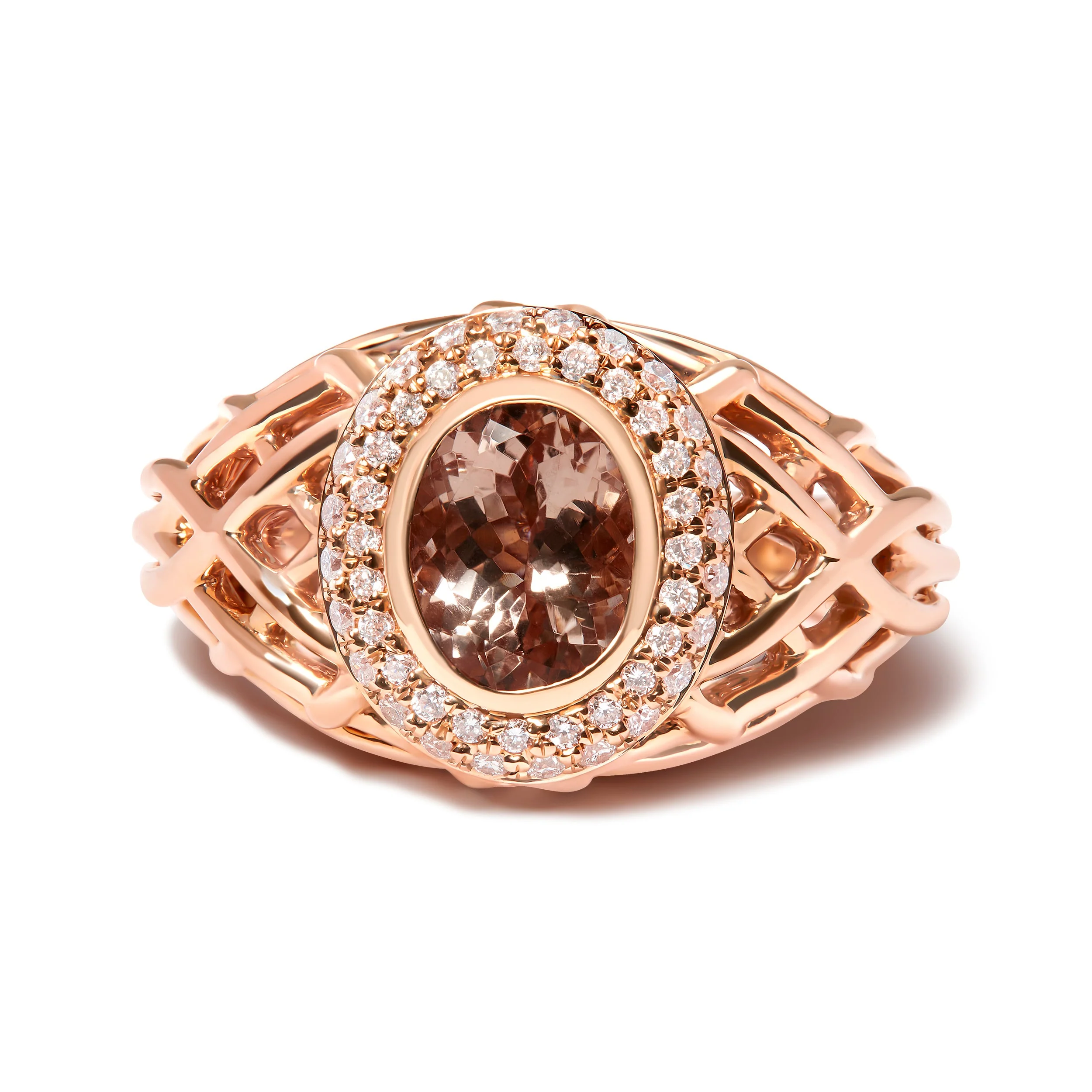 14K Rose Gold Oval Cut Light Pink Morganite and 3/8 Cttw Diamonds Halo and Basket Weave Cocktail Ring (G-H Color, SI1-SI2 Clarity) - Size 7 - Image 4