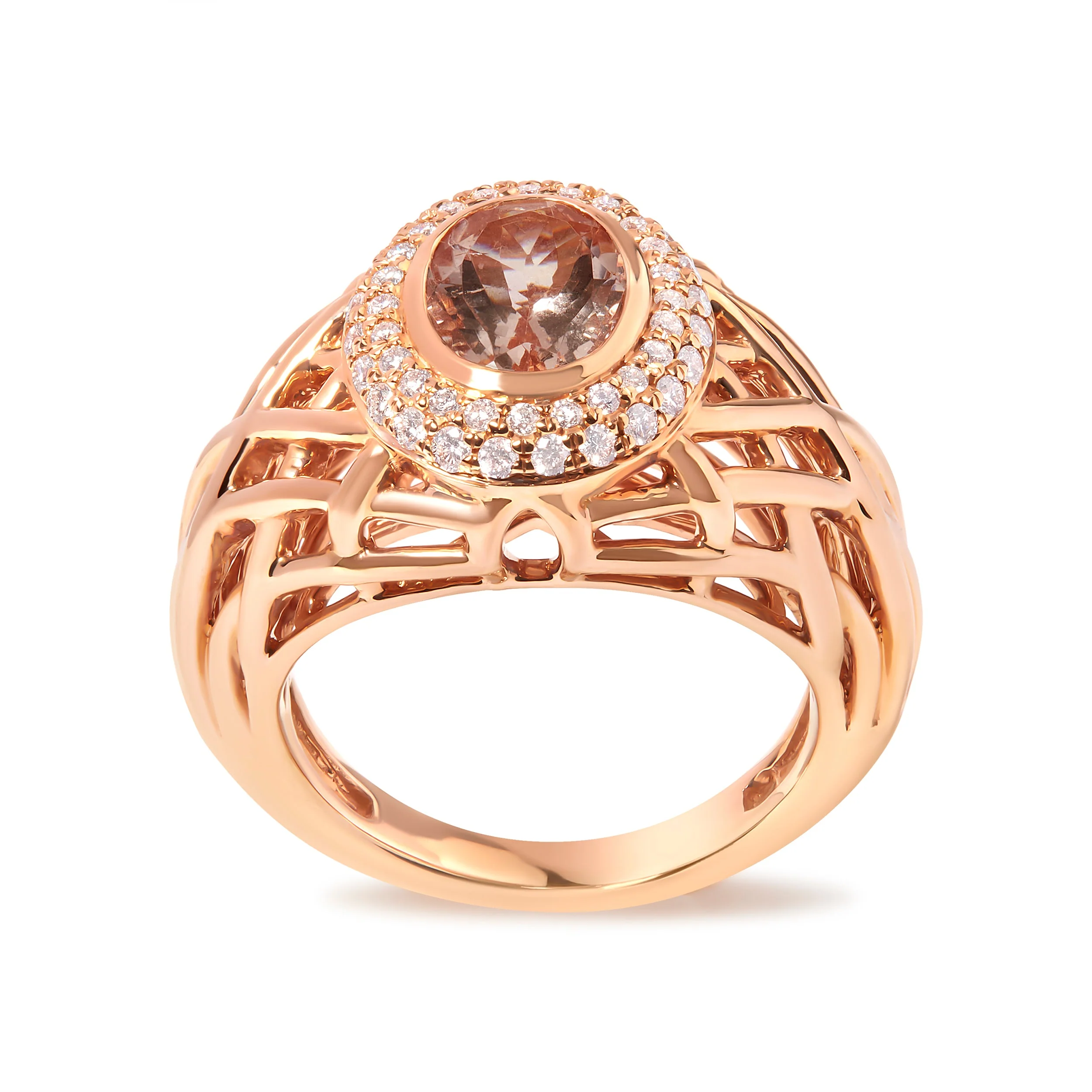 14K Rose Gold Oval Cut Light Pink Morganite and 3/8 Cttw Diamonds Halo and Basket Weave Cocktail Ring (G-H Color, SI1-SI2 Clarity) - Size 7 - Image 5