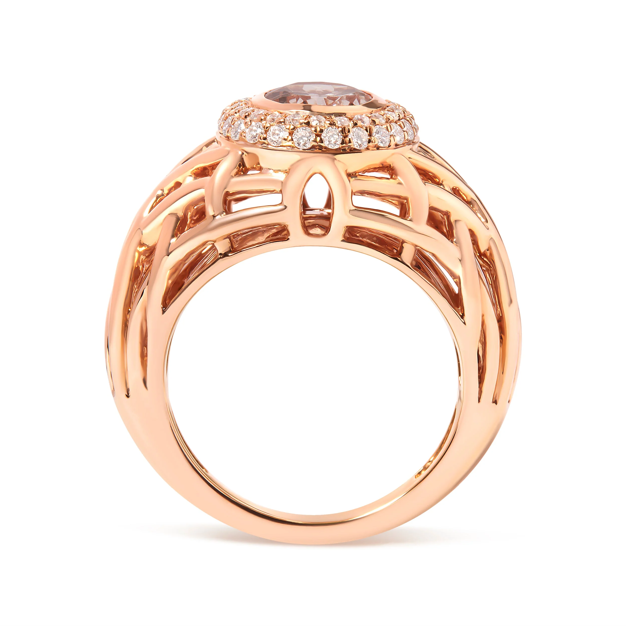 14K Rose Gold Oval Cut Light Pink Morganite and 3/8 Cttw Diamonds Halo and Basket Weave Cocktail Ring (G-H Color, SI1-SI2 Clarity) - Size 7 - Image 6