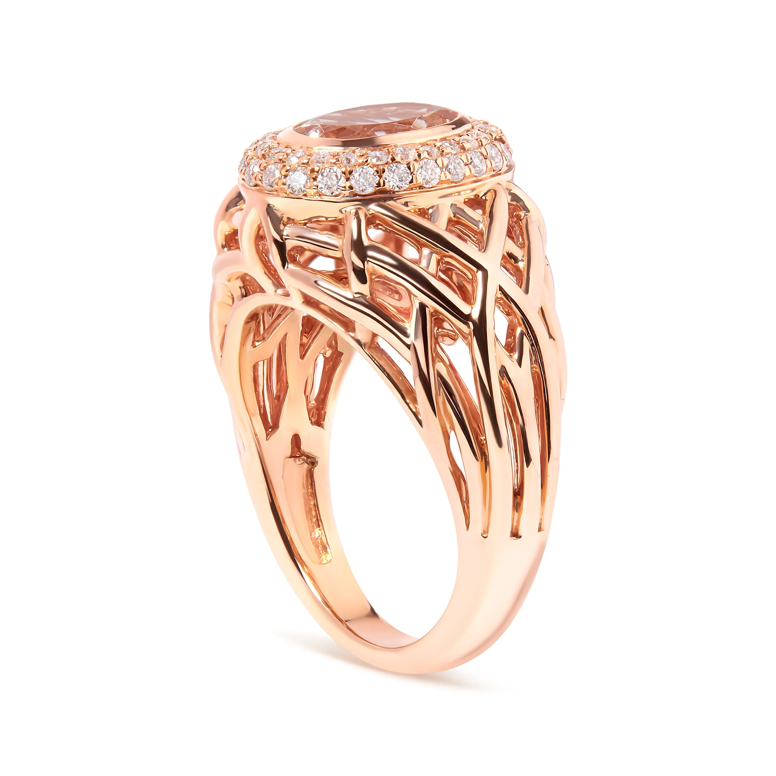 14K Rose Gold Oval Cut Light Pink Morganite and 3/8 Cttw Diamonds Halo and Basket Weave Cocktail Ring (G-H Color, SI1-SI2 Clarity) - Size 7 - Image 7