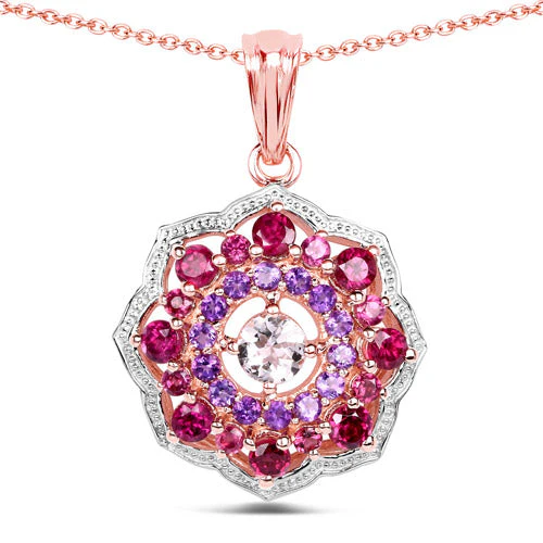 14K Rose Gold Plated 2.30 Carat Genuine Morganite, Rhodolite and Amethyst .925 Sterling Silver Pendant - Image 4