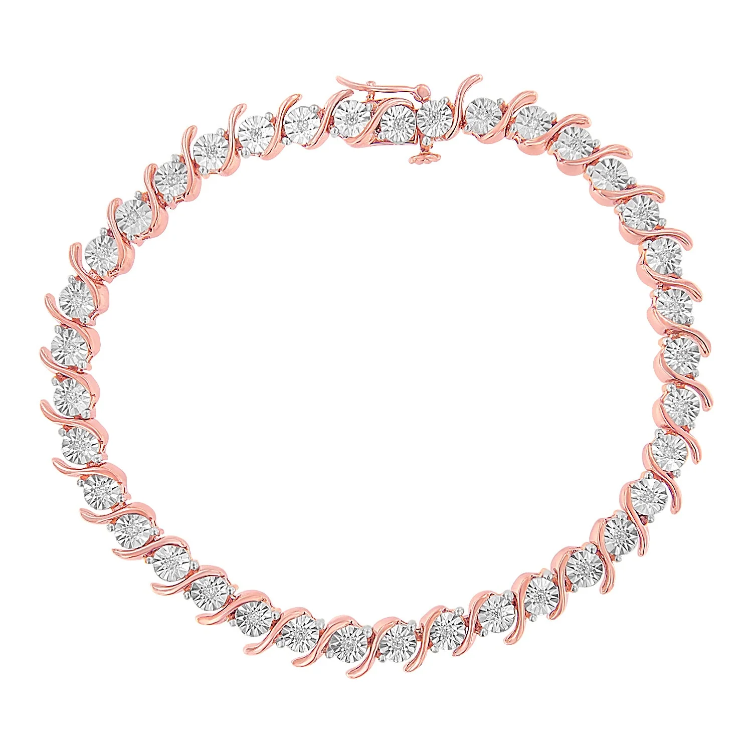 14K Rose Gold Plated .925 Sterling Silver 1/10 Cttw Diamond Round Miracle Plate and "S" Link Tennis Bracelet (I-J Color, I2- I3 Clarity) - 7" - Image 4