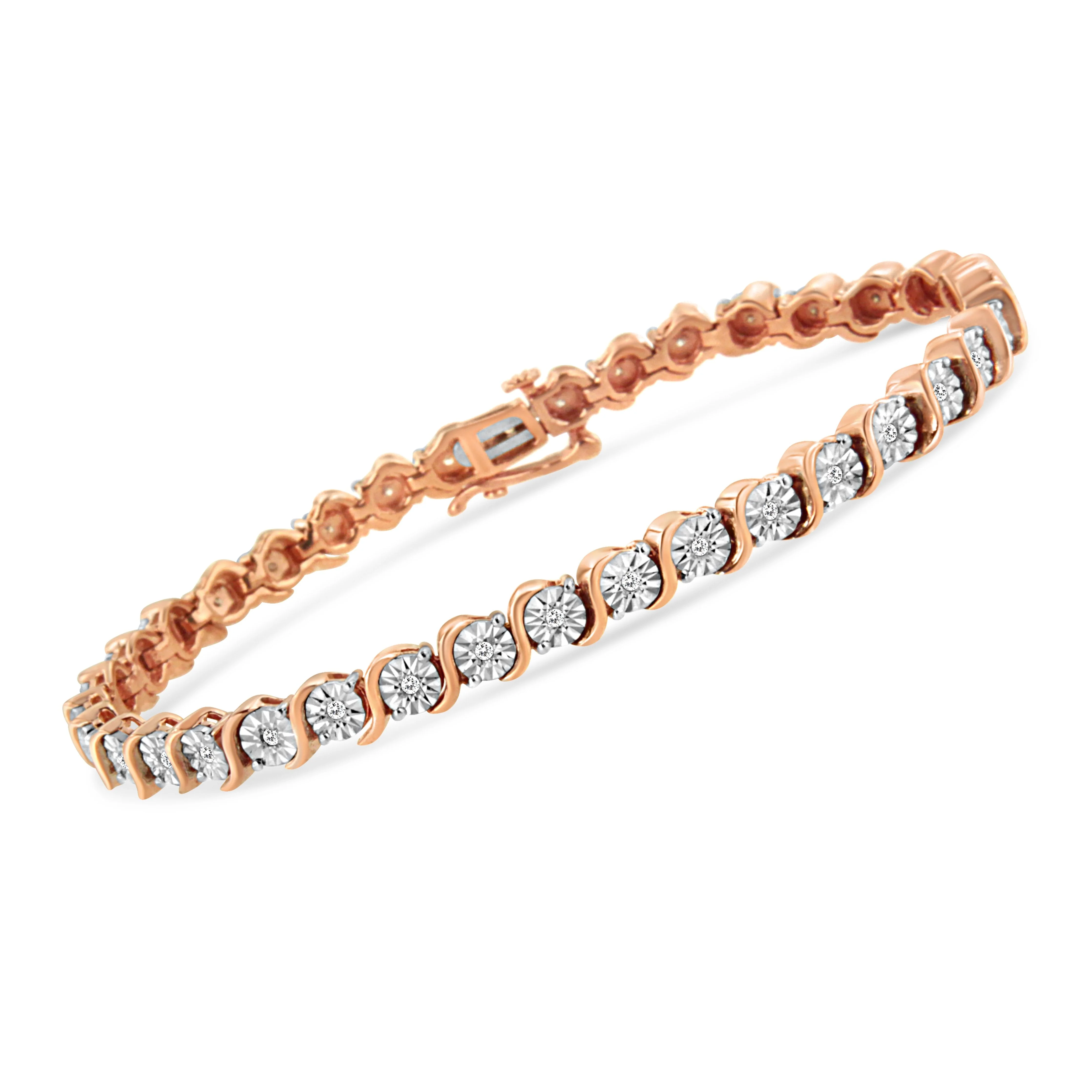 14K Rose Gold Plated .925 Sterling Silver 1/4 Cttw Diamond Round Miracle Plate and "S" Link Tennis Bracelet (I-J Color, I2- I3 Clarity) - 7" - Image 9