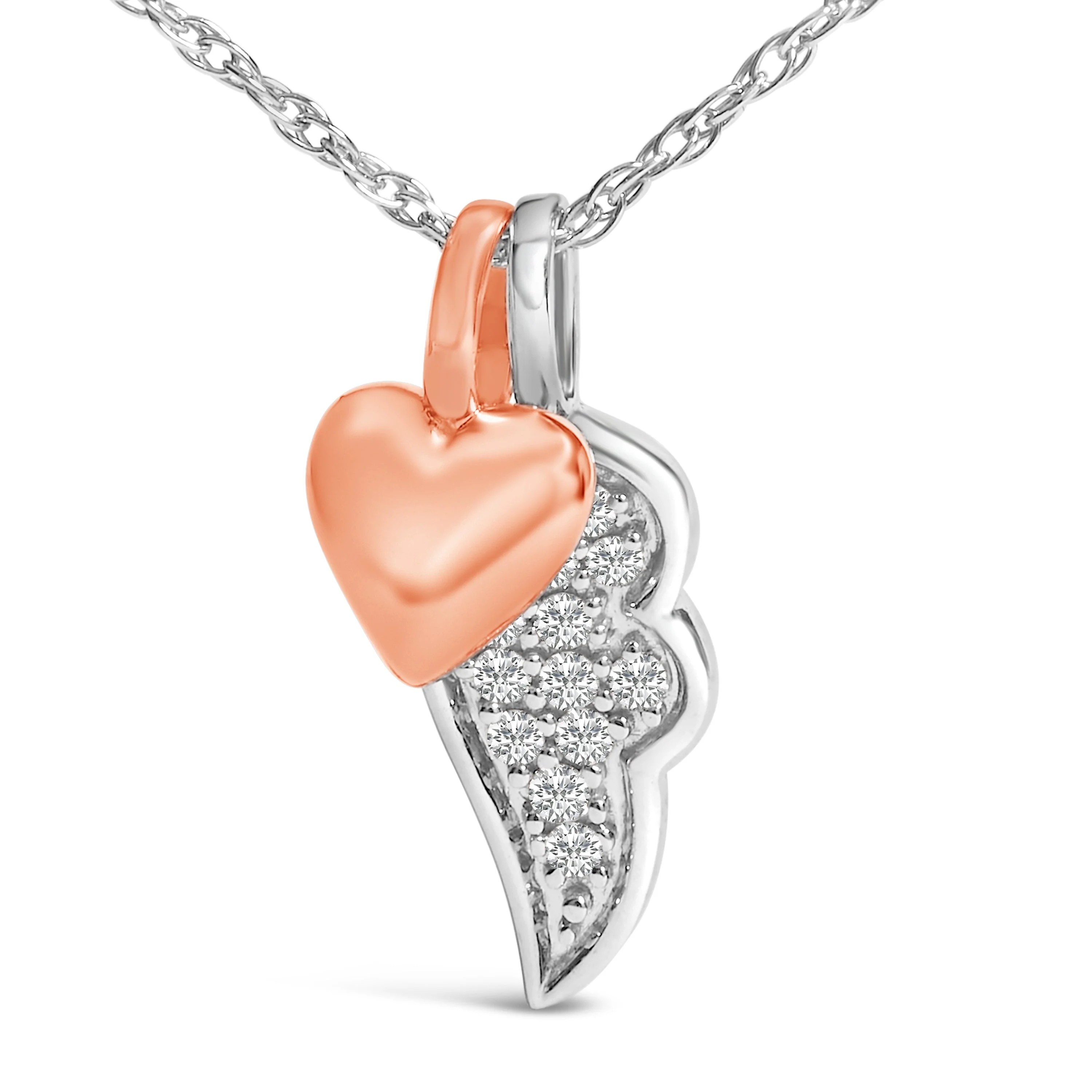 14K Rose Gold Plated Sterling Silver 1/10 Cttw Diamond Heart & Wing Pendant Necklace - Image 2