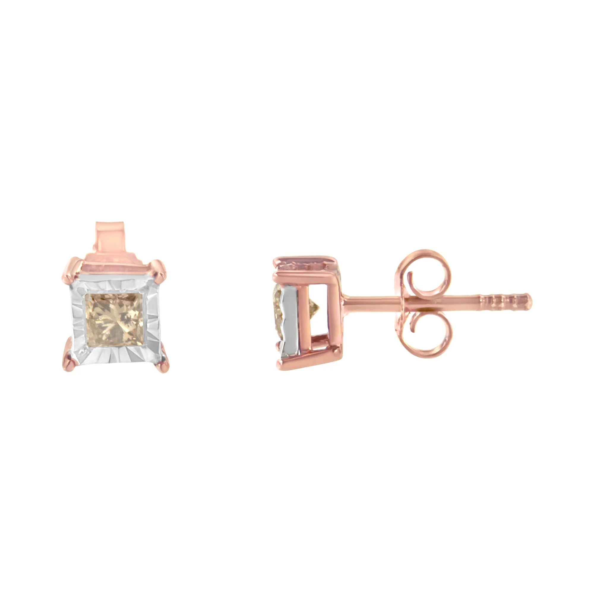 14K Rose Gold Plated Two-Tone .925 Sterling Silver 1/2 Cttw Princess-Cut Square Diamond Solitaire Miracle-Plate Stud Earrings (K-L Color, I2-I3 Clarity) - Image 2