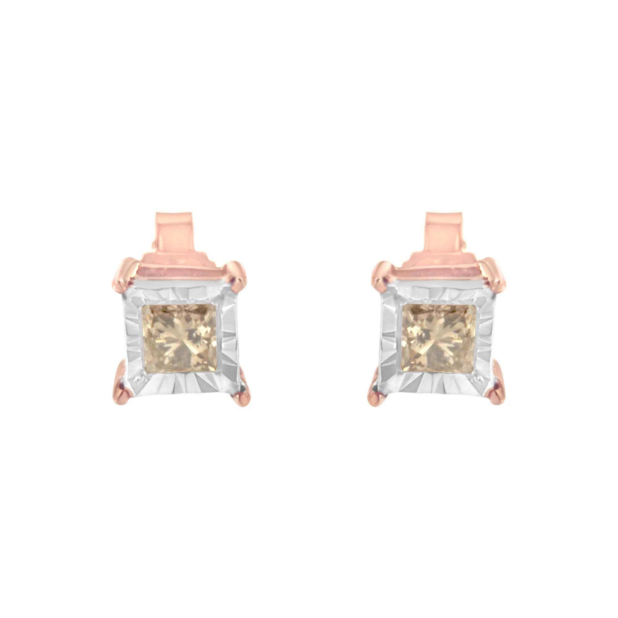 14K Rose Gold Plated Two-Tone .925 Sterling Silver 1/2 Cttw Princess-Cut Square Diamond Solitaire Miracle-Plate Stud Earrings (K-L Color, I2-I3 Clarity) - Image 3