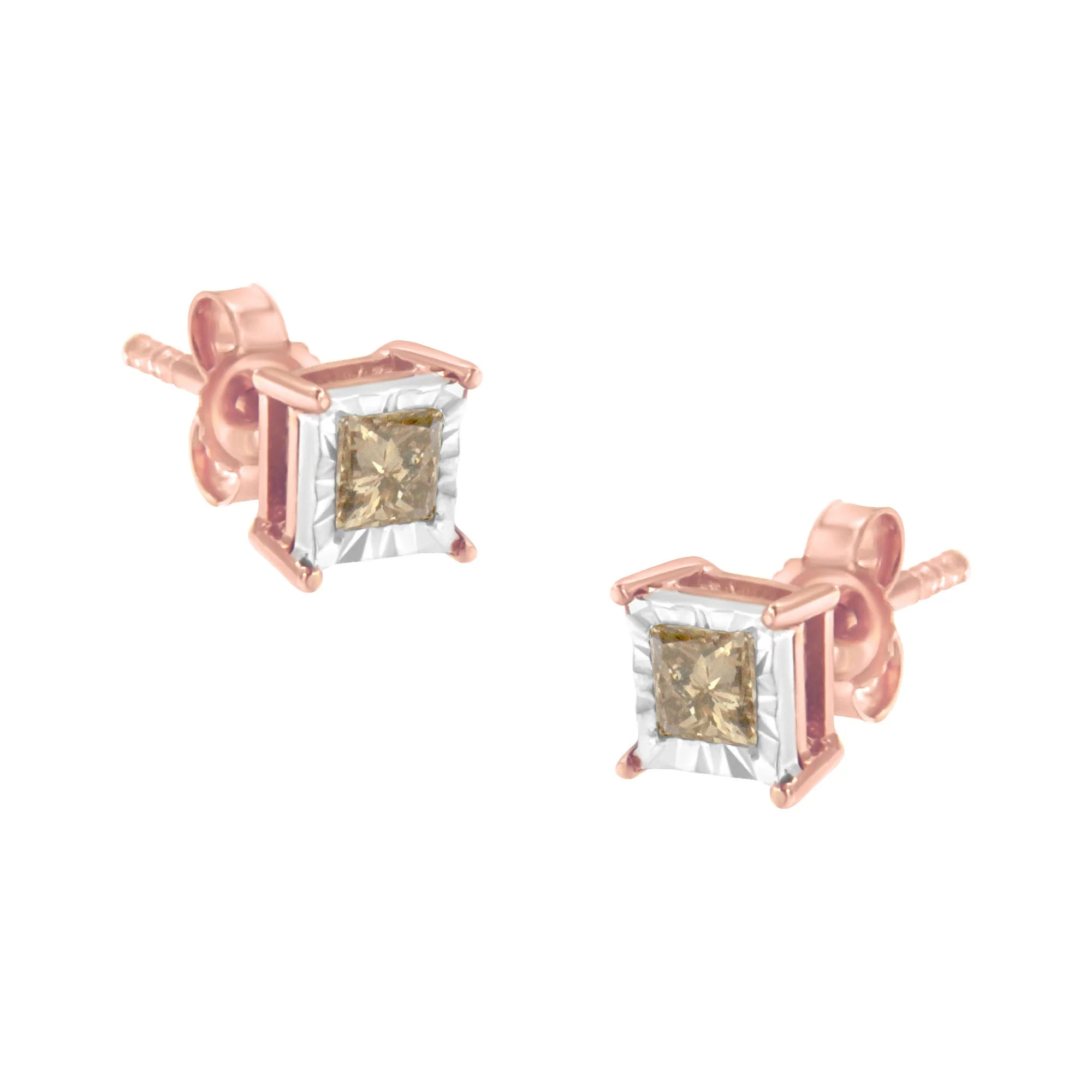 14K Rose Gold Plated Two-Tone .925 Sterling Silver 1/2 Cttw Princess-Cut Square Diamond Solitaire Miracle-Plate Stud Earrings (K-L Color, I2-I3 Clarity) - Image 5