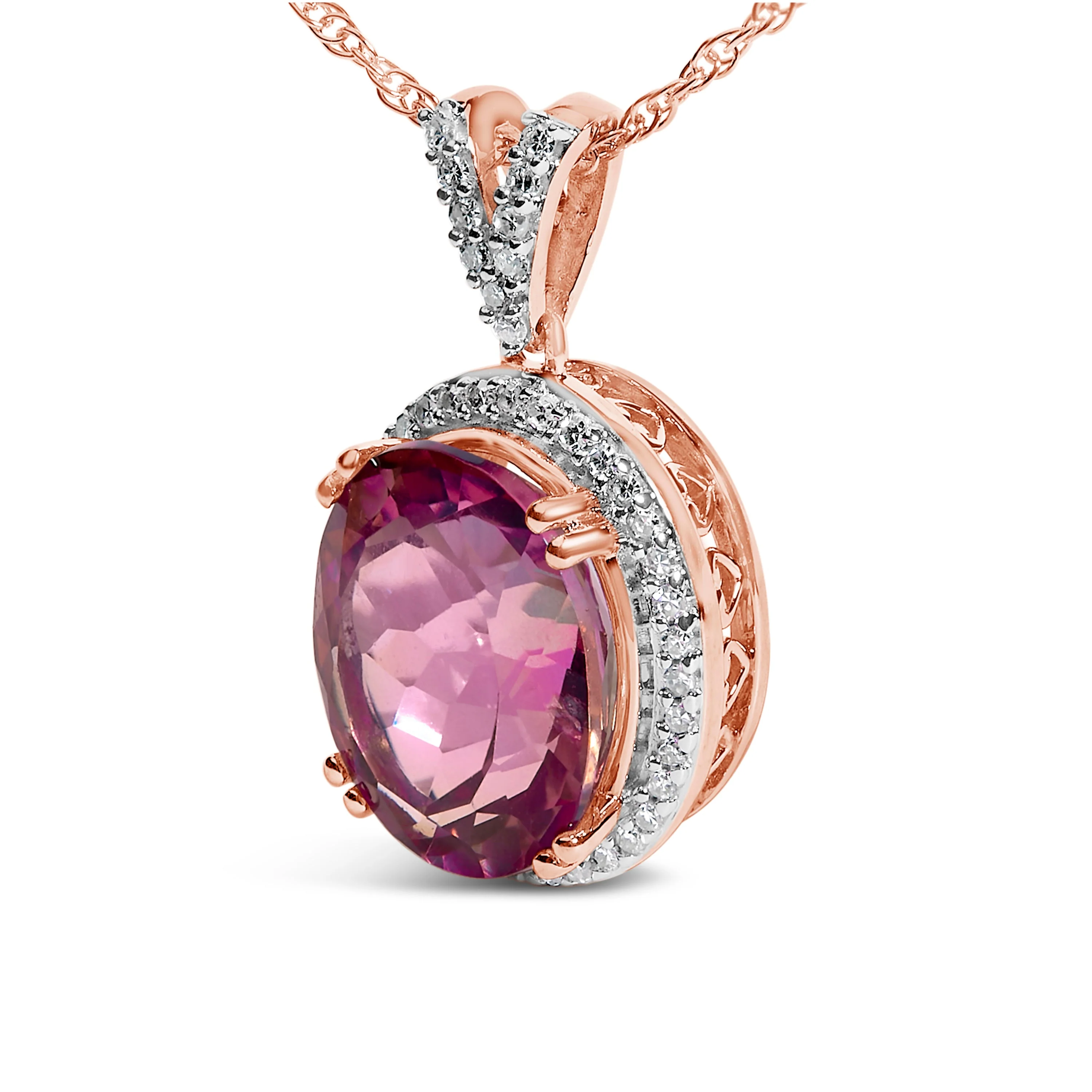 14K Rose Gold Vermeil Sterling Silver 1/5 Cttw Diamond Pink Quartz Oval Pendant Necklace - Image 3