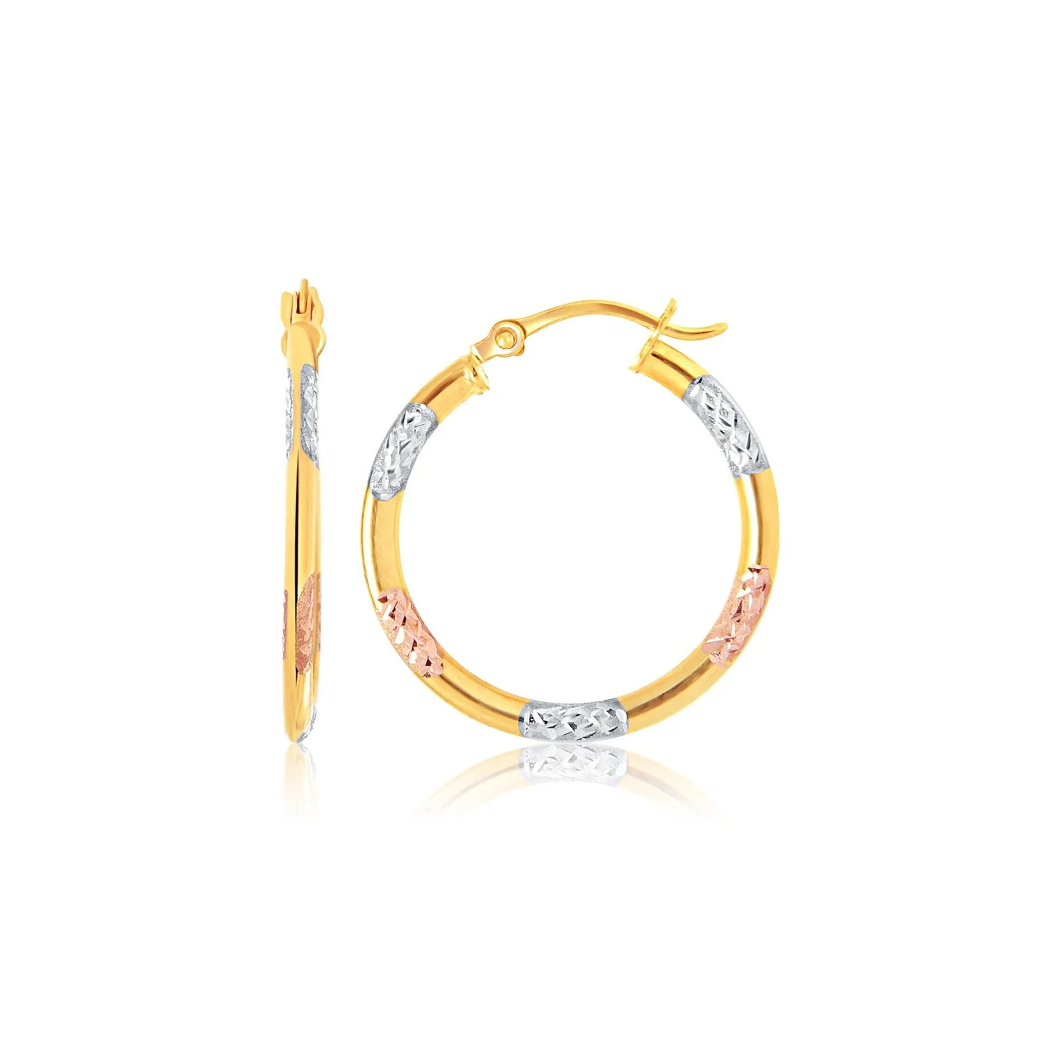 14k Tri-Color Gold Classic Hoop Earrings with Diamond Cut Details - Image 3