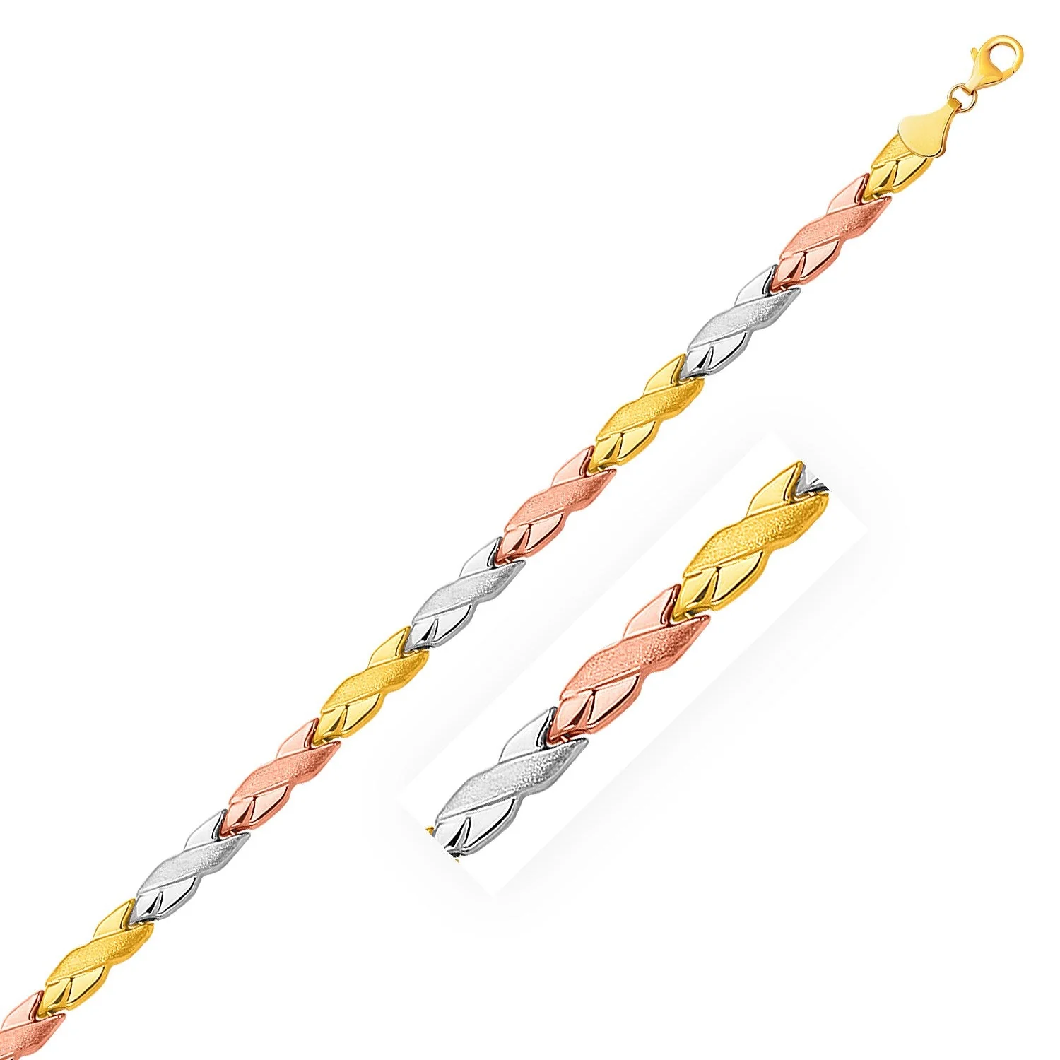 14k Tri-Color Gold Shiny and Textured X Link Bracelet - Image 3
