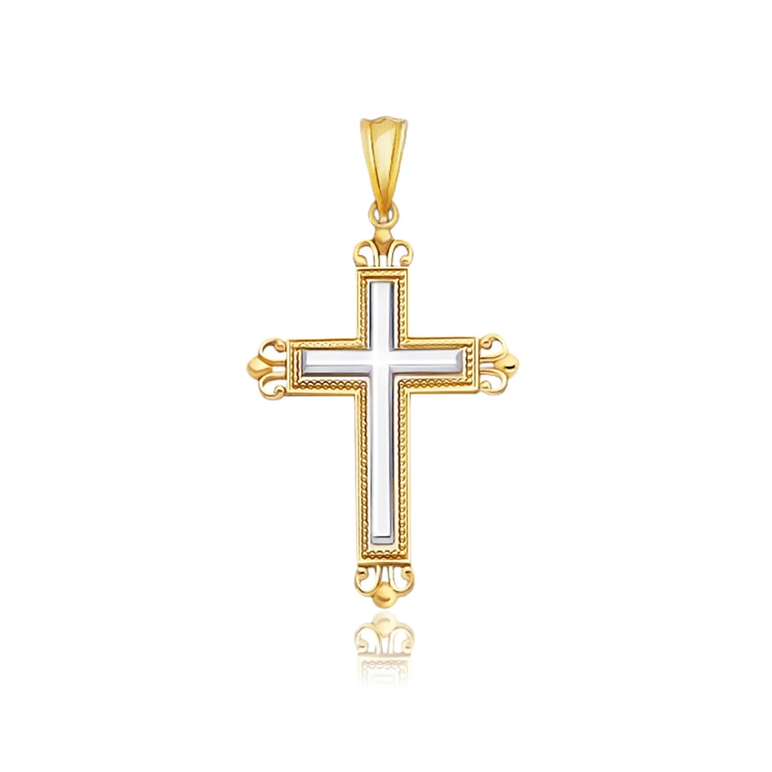 14k Two-Tone Gold Cross Pendant with an Ornate Budded Style - Image 4