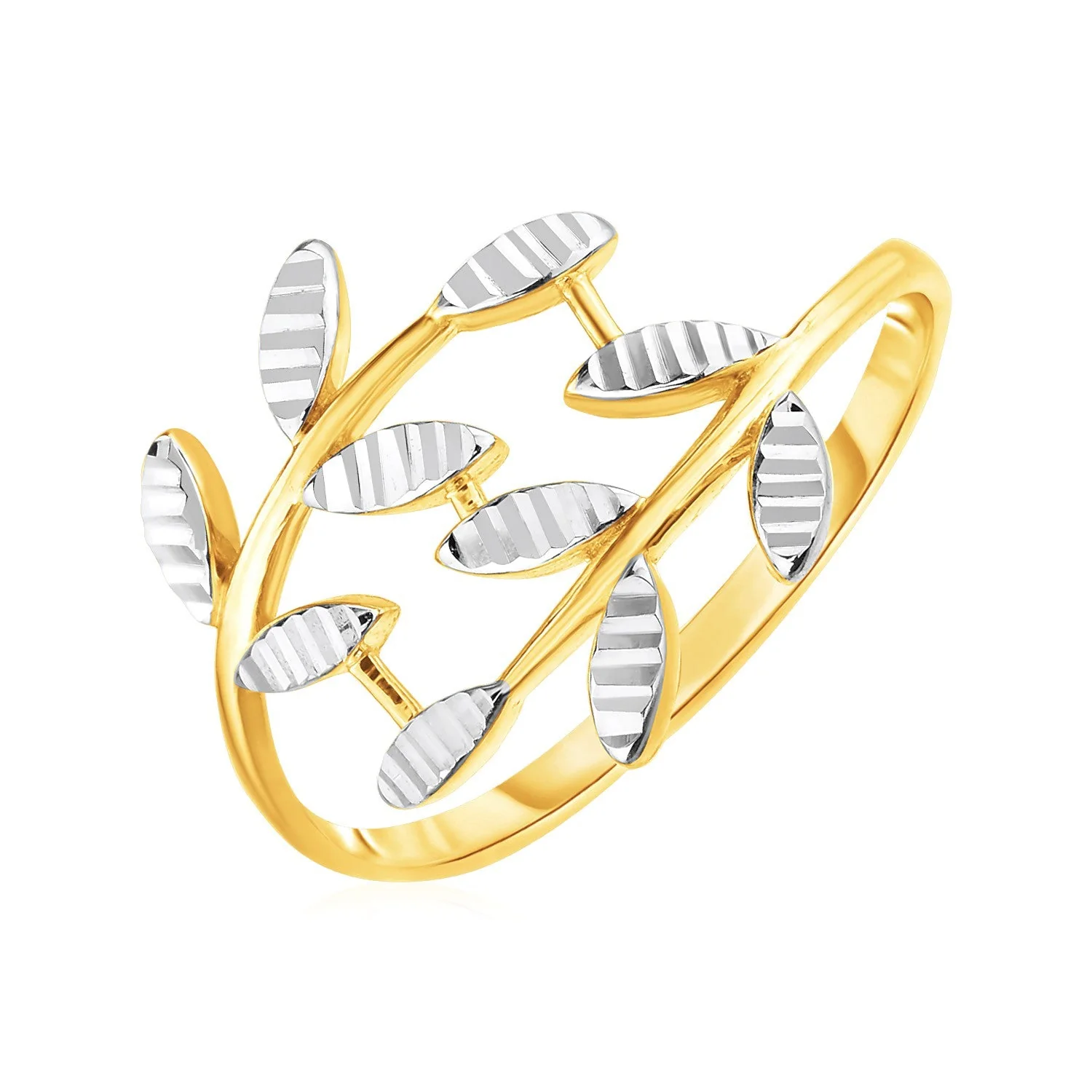 14k Two Tone Gold Crossover Ring with Textured Leaves - Image 4