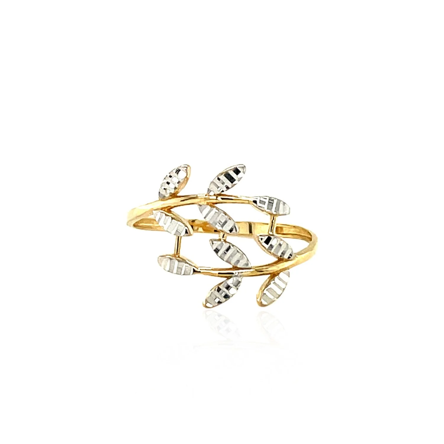 14k Two Tone Gold Crossover Ring with Textured Leaves - Image 5