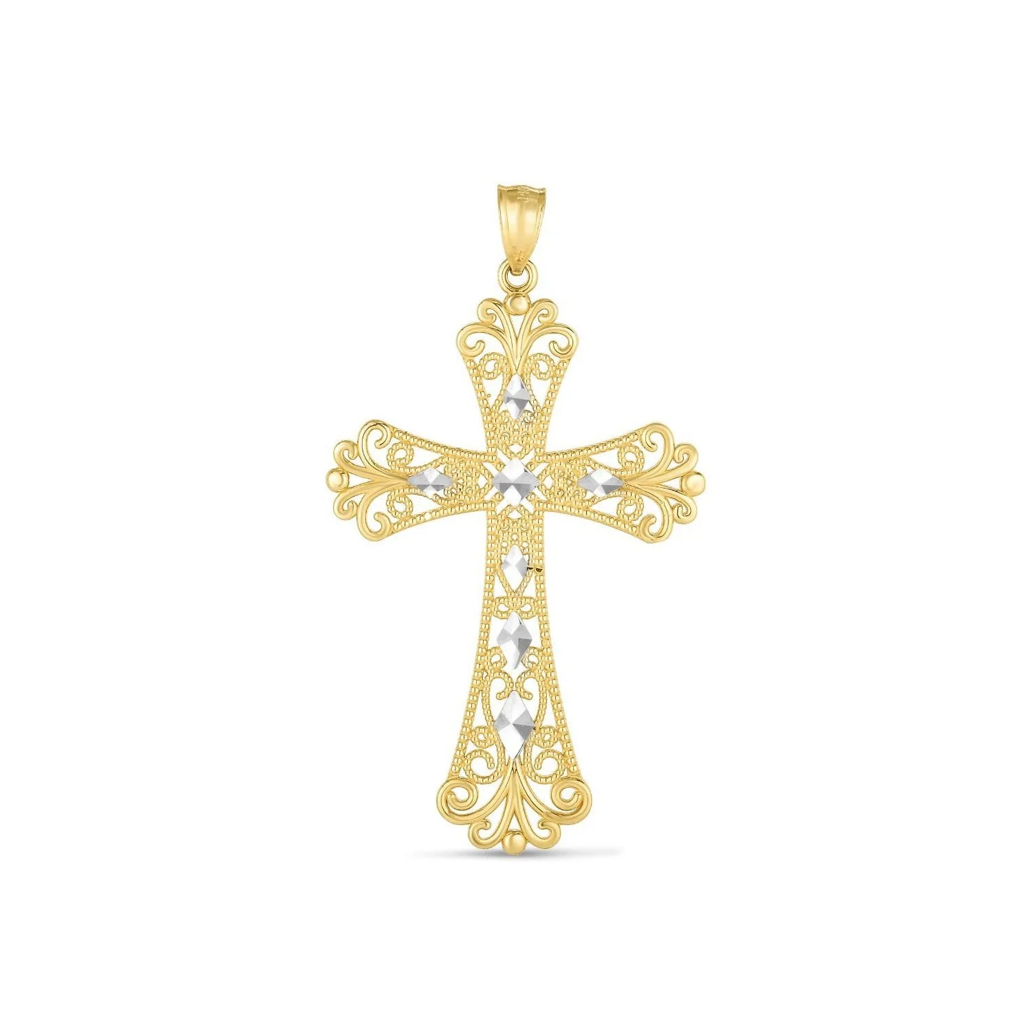 14k Two Tone Gold High Polish Diamond Cut Cross Pendant - Image 2